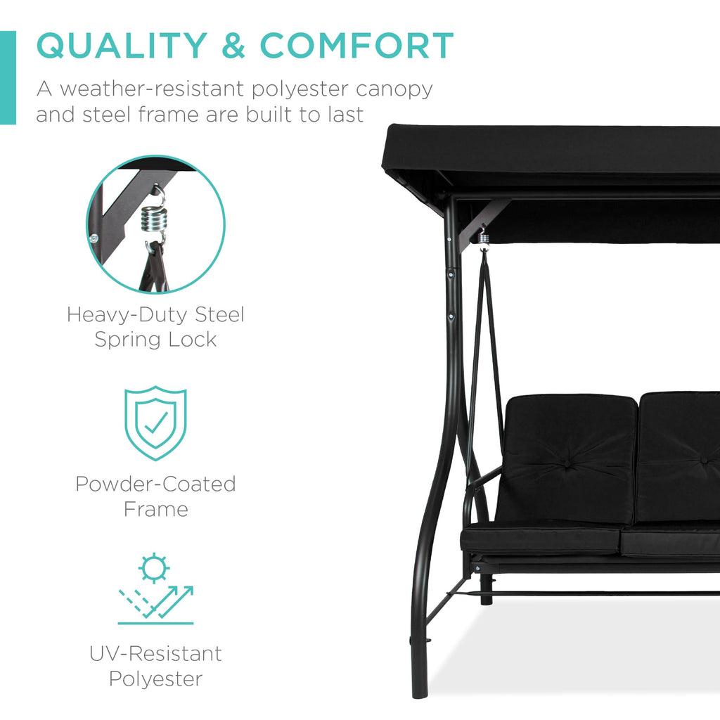Best Choice Products 3-Seat Outdoor Large Converting Canopy Swing Glider, Patio Hammock Lounge Chair For Porch, Backyard W/Flatbed, Adjustable Shade, Removable Cushions - Black