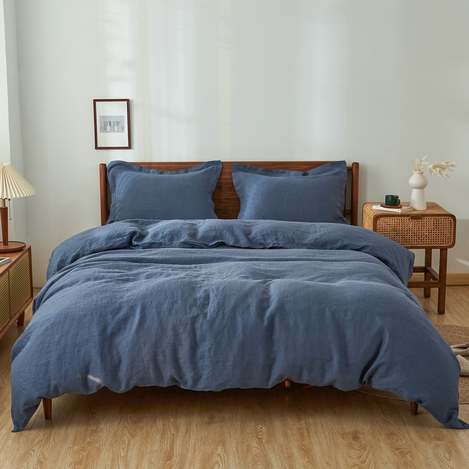 Simple&Opulence 100% Linen Duvet Cover Set, 3 PCS Pure Natural French Flax Classic Blue Duvet Cover King Size, Breathable Soft C