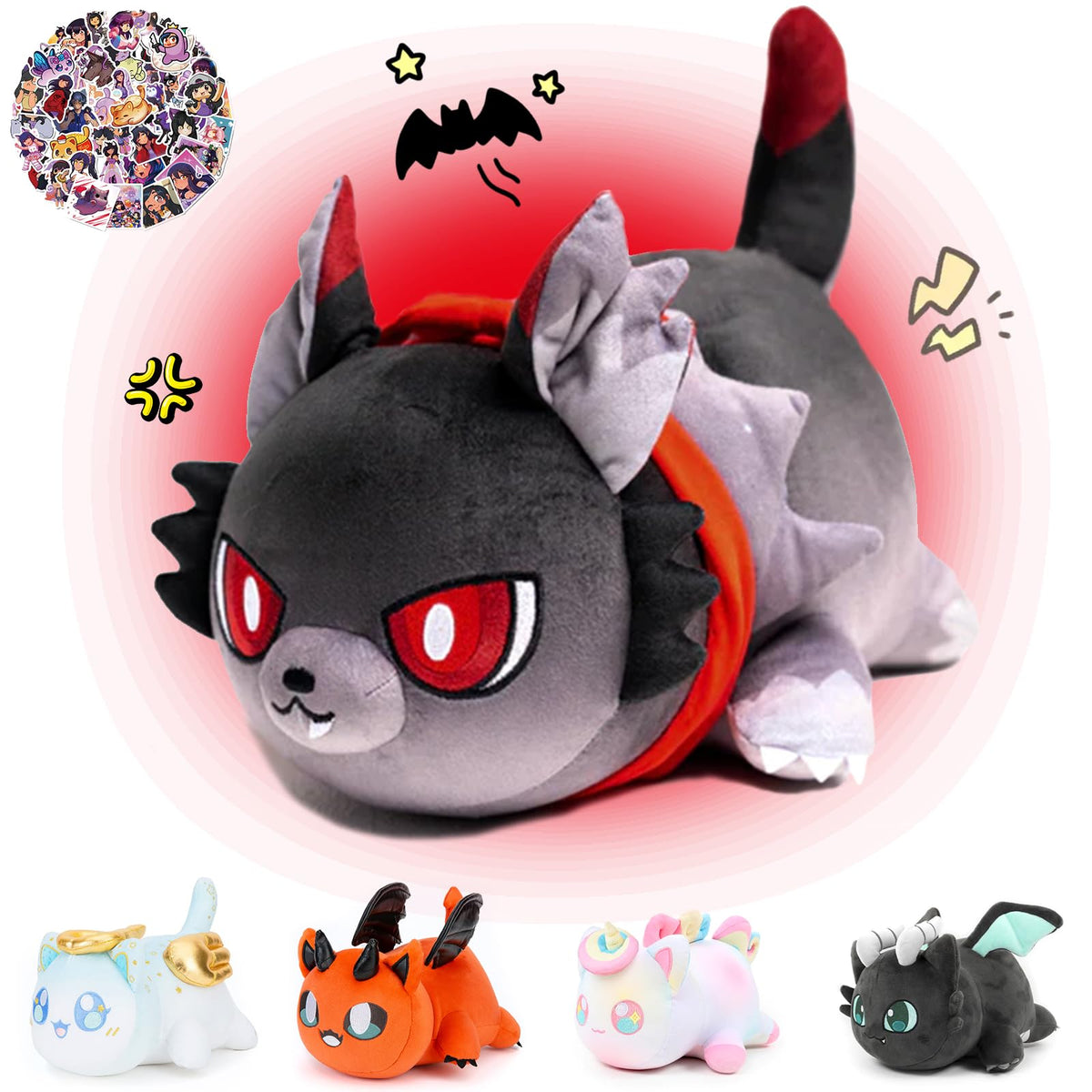 KOWSI 61-PCS 11-inches Werewolf Cat Plush + 60-Sticker - Meemeows Popular Cat Plush Collection - 100% Polyester Plushie Pillow E