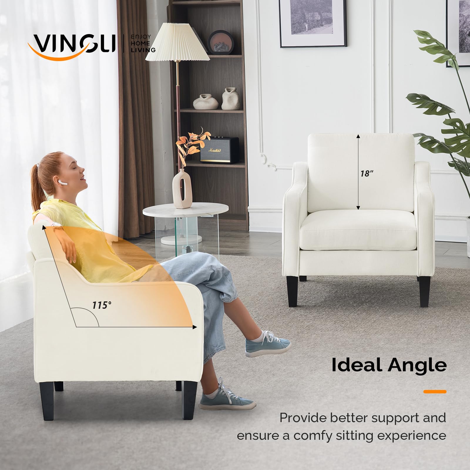 Vingli Accent Chairs For Living Room Chairs Reading Chair Mid Century Modern Chair Soft Chenille Sofa Chair Upholstered Arm Chair Comfy Chair Side Chair (Creamy White Chenille)