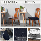 Buyue Fast Installation Dining Room Chair Covers Set Of 6, Luxury Stretch Jacquard Seat Slipcovers For Kitchen Armless Chairs, Rear Gapped- Navy Blue- 6