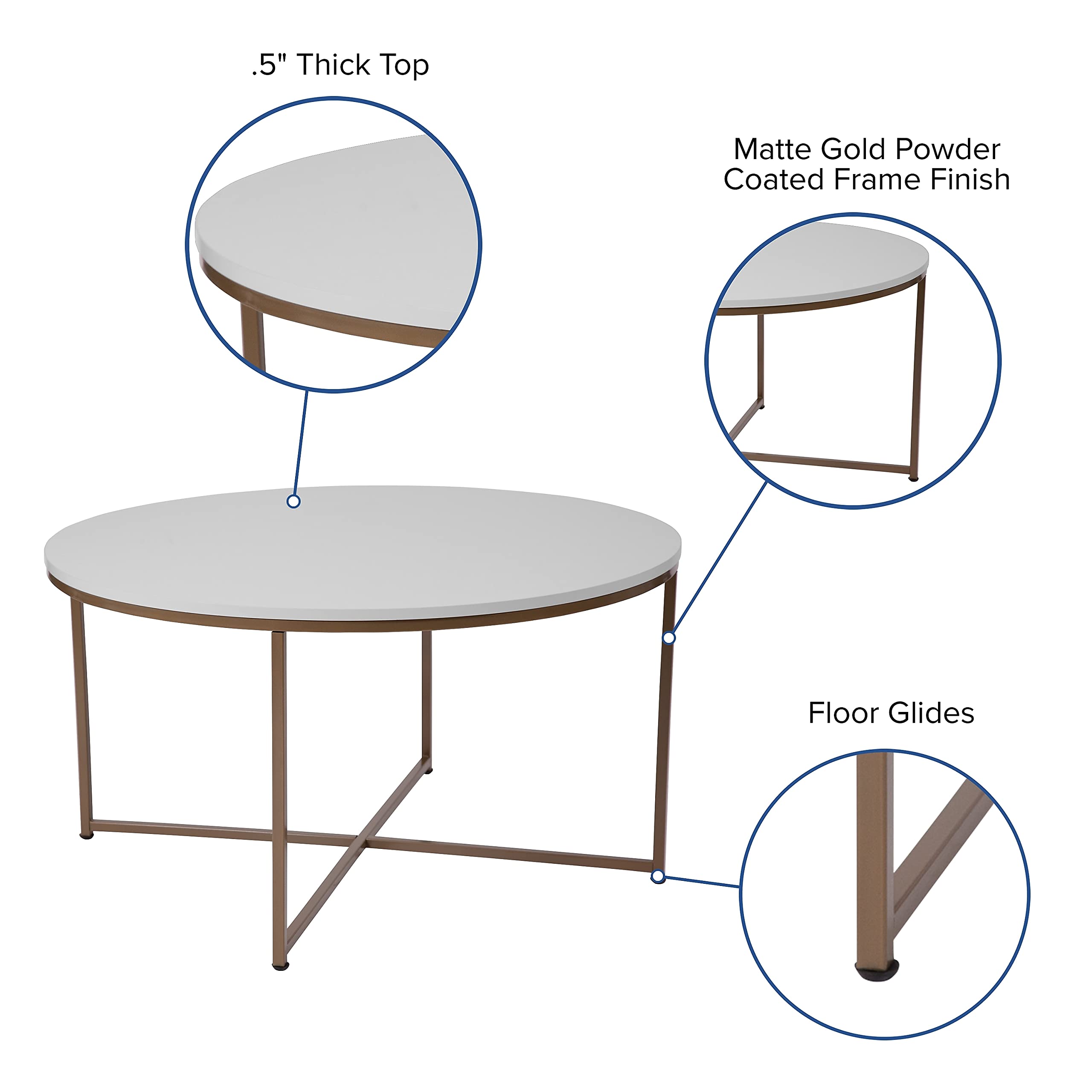 Flash Furniture Hampstead Collection Coffee Table - Modern White Finish Coffee Table - Crisscross Brushed Gold Frame