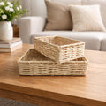 Go Hooked Handwoven Water Hyacinth Raffia Storage Basket Pack of 2 | Natural Wicker Bathroom Organizer Basket for Towels, Toilet