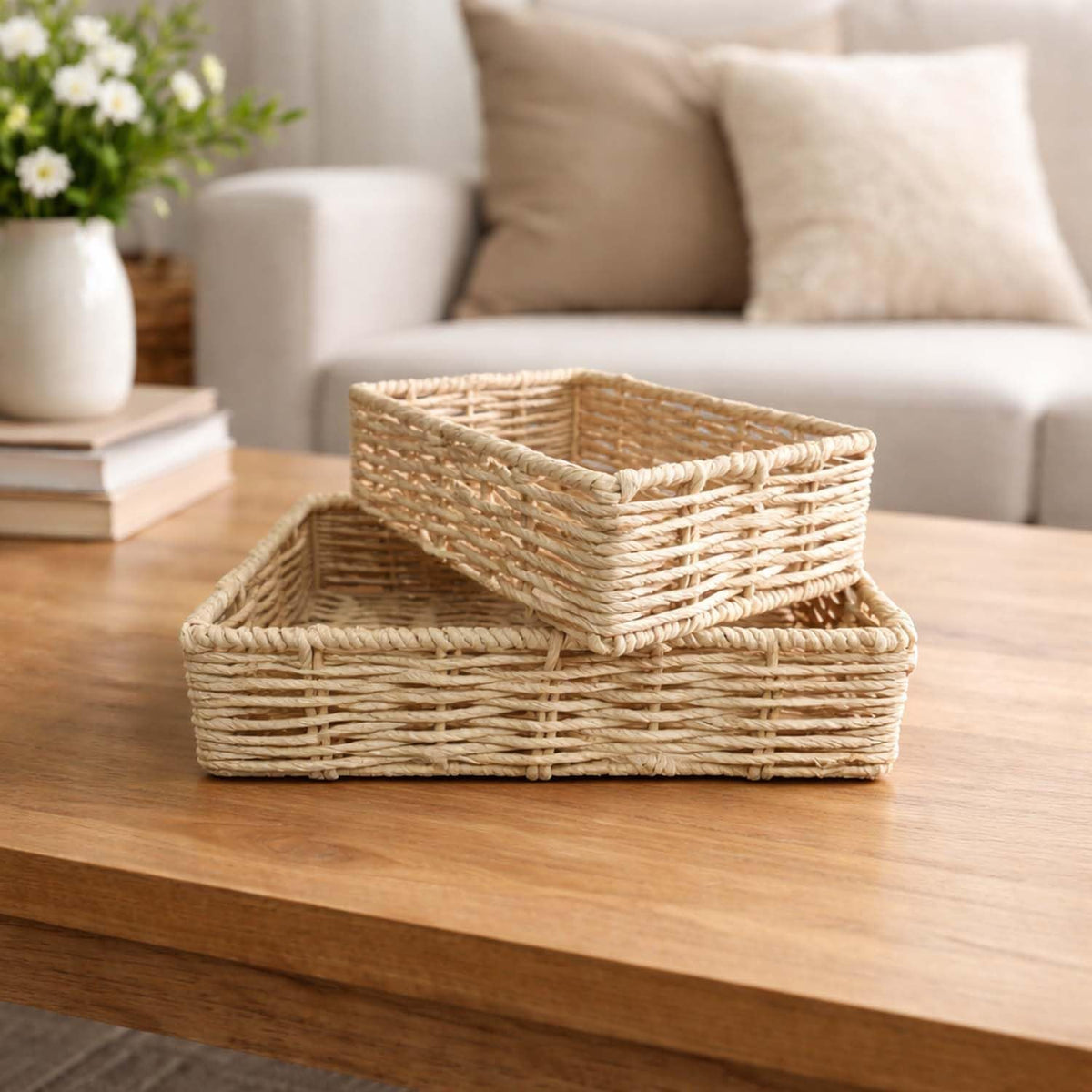 Go Hooked Handwoven Water Hyacinth Raffia Storage Basket Pack of 2 | Natural Wicker Bathroom Organizer Basket for Towels, Toilet