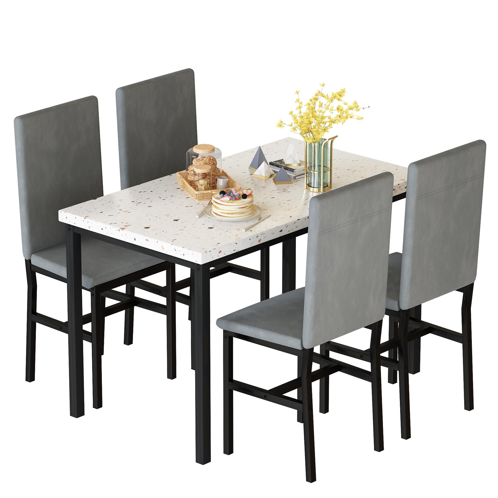 Hooseng 5 Piece Dining Table Set For 4, Small Faux Marble Kitchen Table With 4 Velvet Chairs, Modern Dining Room Table Set For S