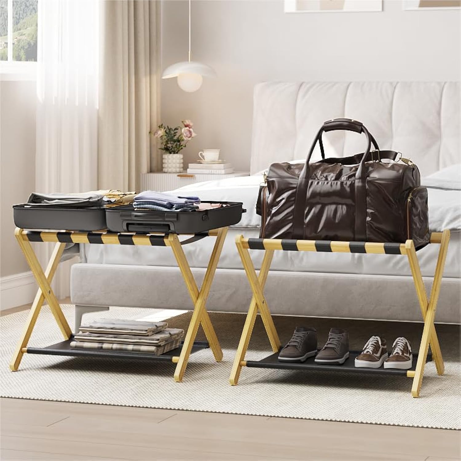 Smart FENDEE 2 Pack Luggage Rack, Folding Luggage Rack for Guest Room, Bamboo Suitcase Stand Holds up to 131 lb, Luggage Stand w