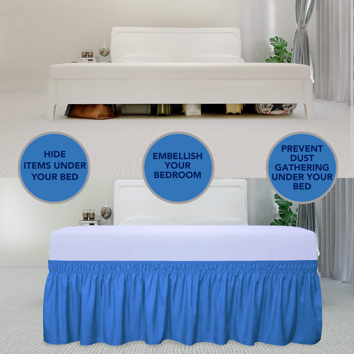 Purefit Wrap Around Ruffled Bed Skirt With Adjustable Elastic Belt - 22 Inch Drop Easy To Put On, Wrinkle Free Bedskirt Dust Ruffles, Bed Frame Cover For Twin,Twin Xl And Full Size Beds, Blue