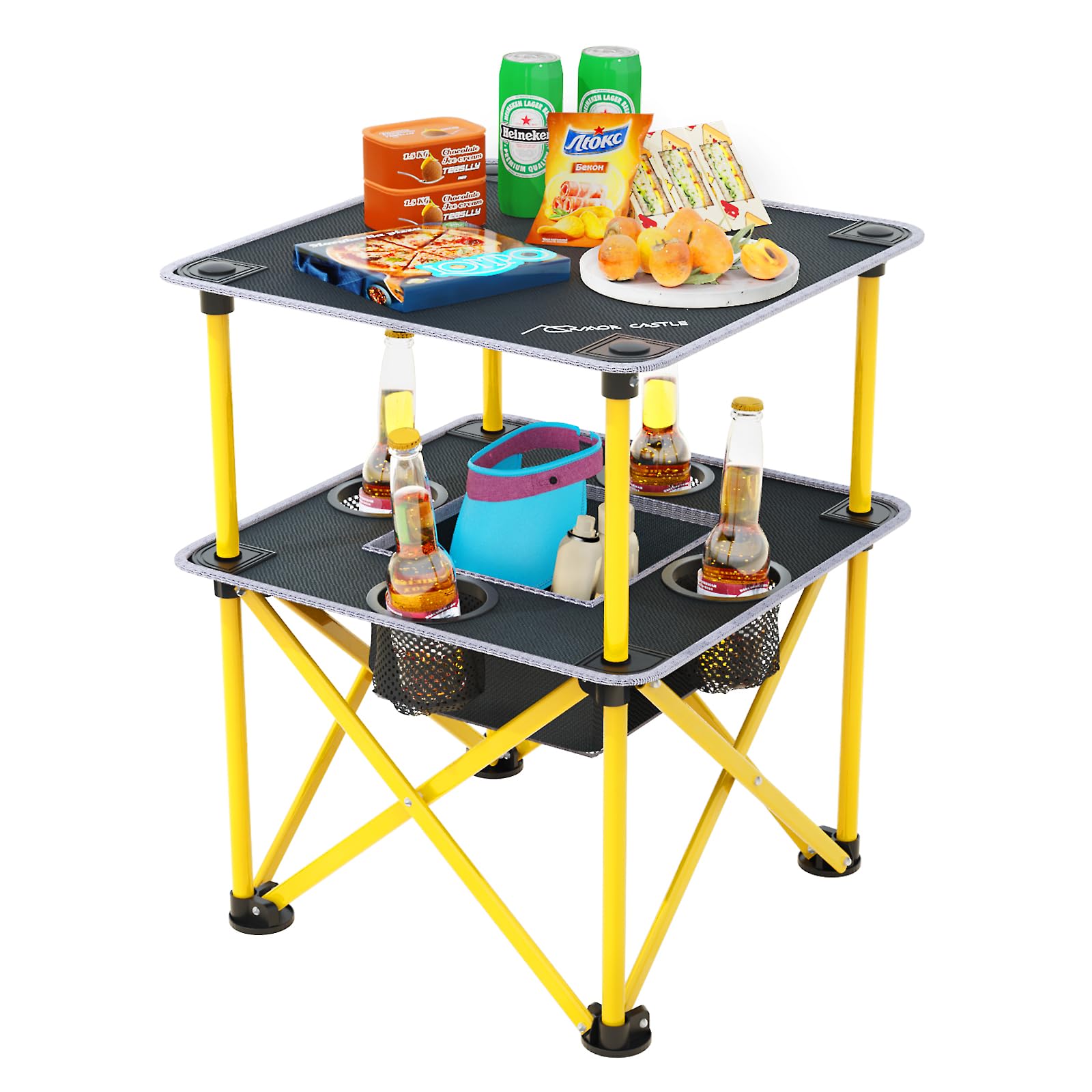 ARMOR CASTLE Folding Camping Table with 4 Cup Holders, Lightweight Portable Beach Outdoor Picnic Table, Square Camp Table with B