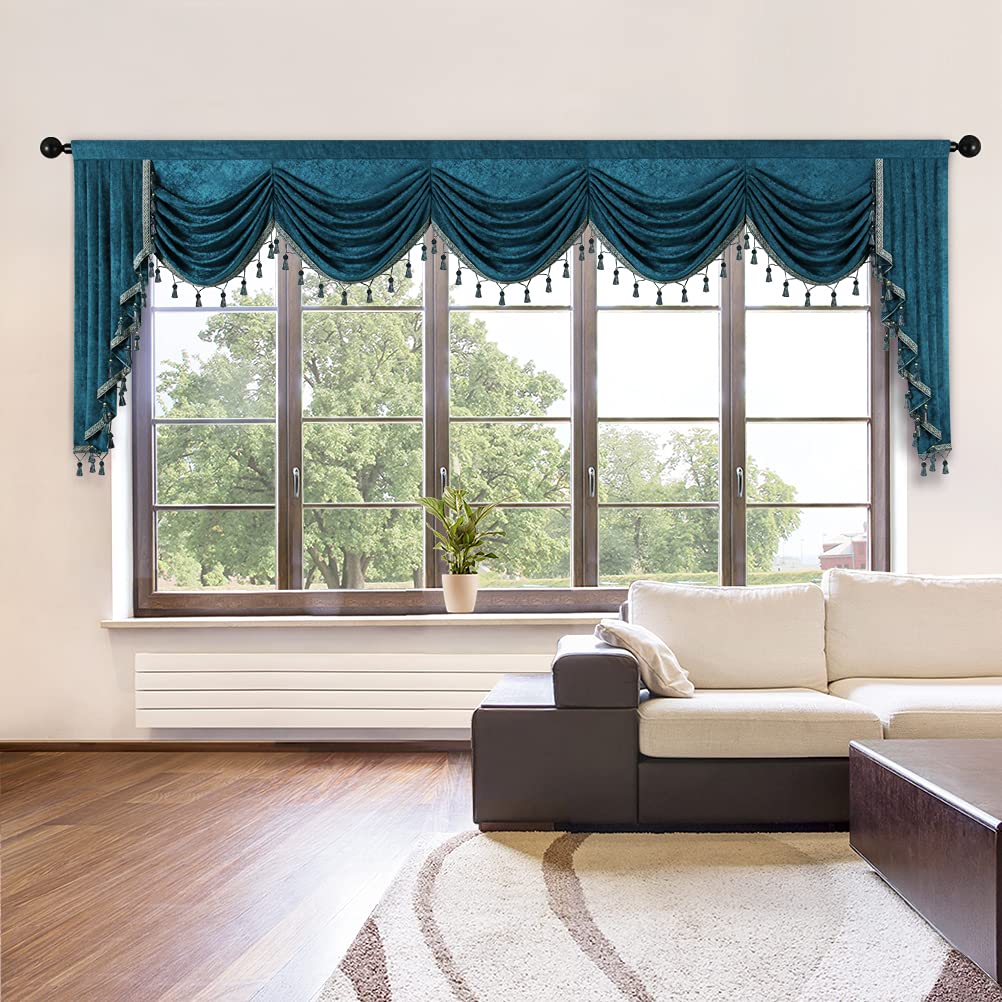 Elkca Thick Chenille Window Curtains Swag Valance For Living Room Peacock Blue Waterfall Valance For Bedroom,Rod Pocket,1 Panel
