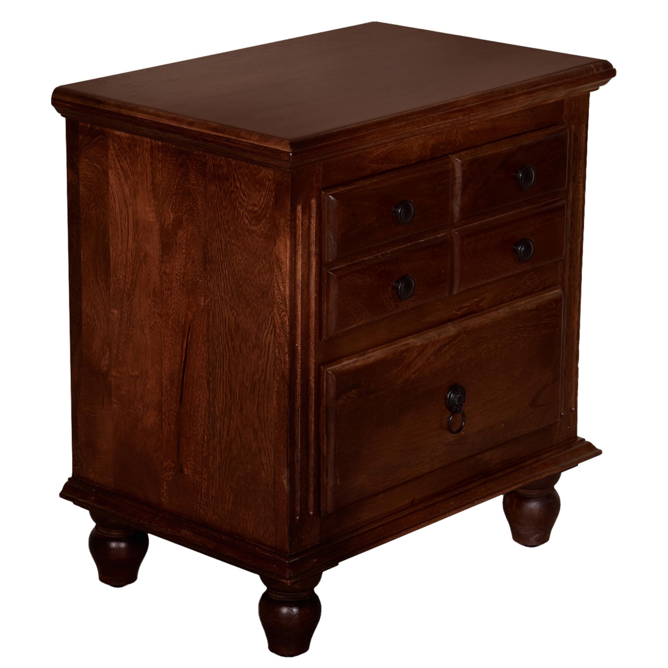 26 Inch Handcrafted Nightstand, 2 Drawers, Black Powder Coated Knobs, Walnut Brown Mango Wood