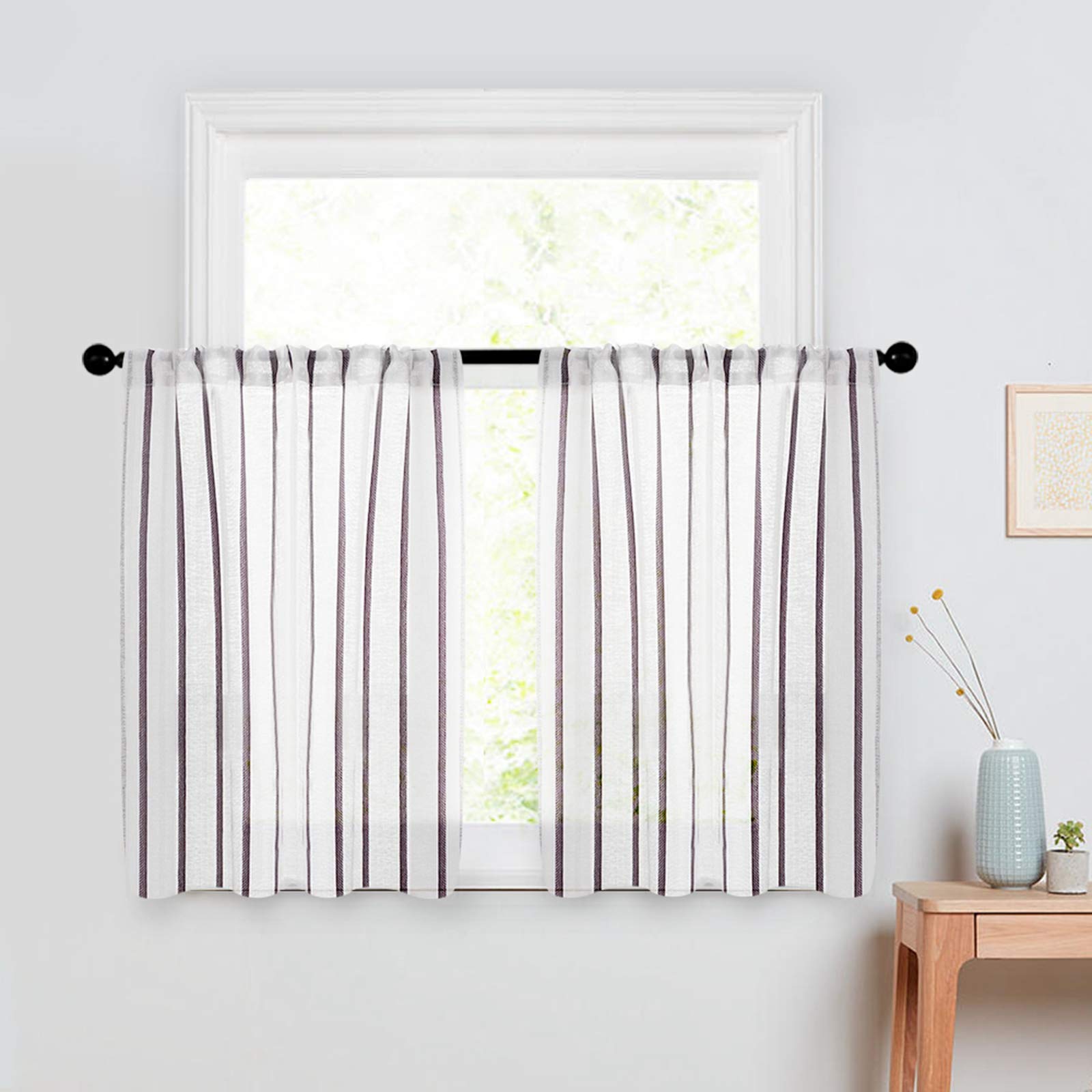 MRTREES Kitchen Curtains Striped Semi-Sheer Tier Curtains Farmhouse Pinstripes Linen Textured Short Cafe Curtain Panels for Bath