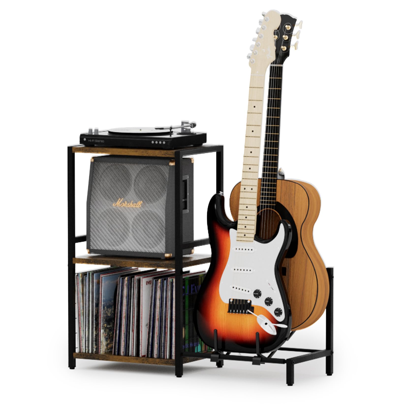 YAKANJ End Table with Guitar Stand,Record Player Stand,Vinyl Records Storage,2-Tier Guitar Stand for Acoustic, Electric Guitar,B