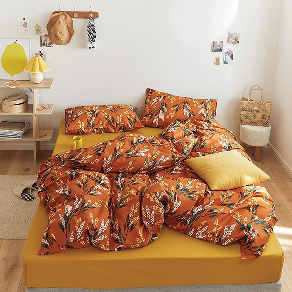 Wellboo Floral Comforter Sets King Jacinth Bedding Sets Reddish Orange Comforter Girls Women Cotton Peach Blossom Quilt Bohemian
