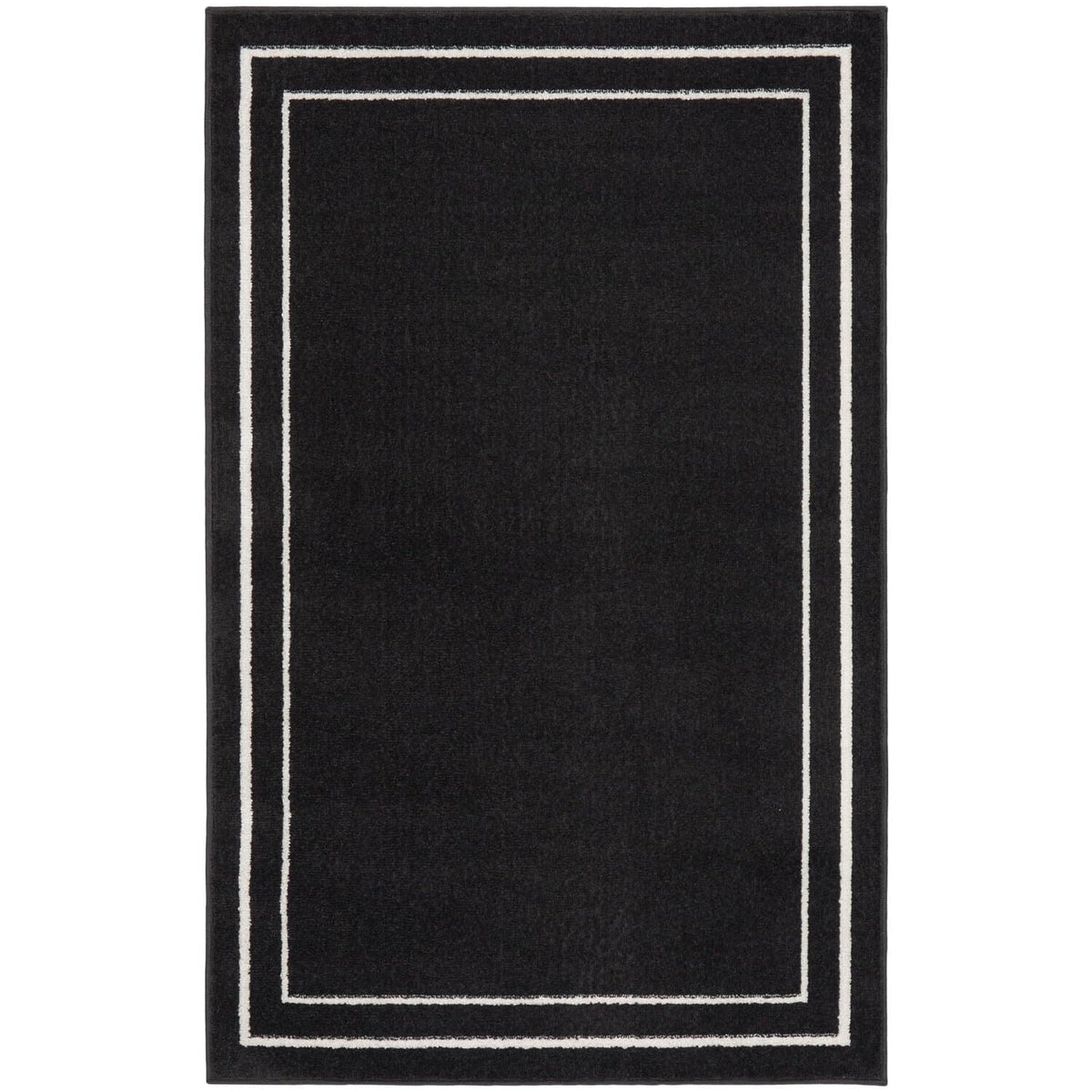 Nourison Essentials Indoor/Outdoor Solid Bordered Black Ivory 3' X 5' Area Rug, Easy Cleaning, Non Shedding, Bed Room, Living Ro