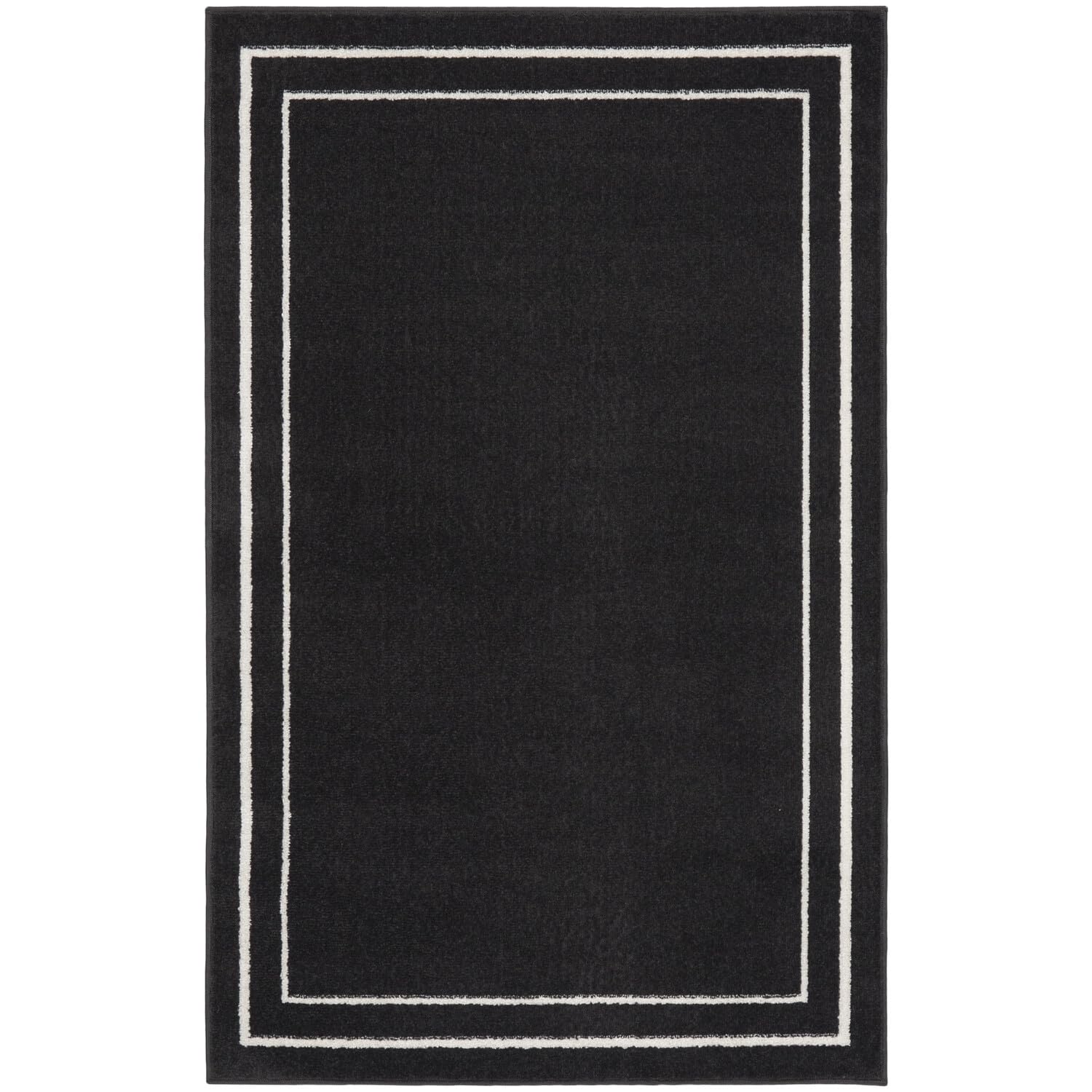 Nourison Essentials Indoor/Outdoor Solid Bordered Black Ivory 3' X 5' Area Rug, Easy Cleaning, Non Shedding, Bed Room, Living Ro
