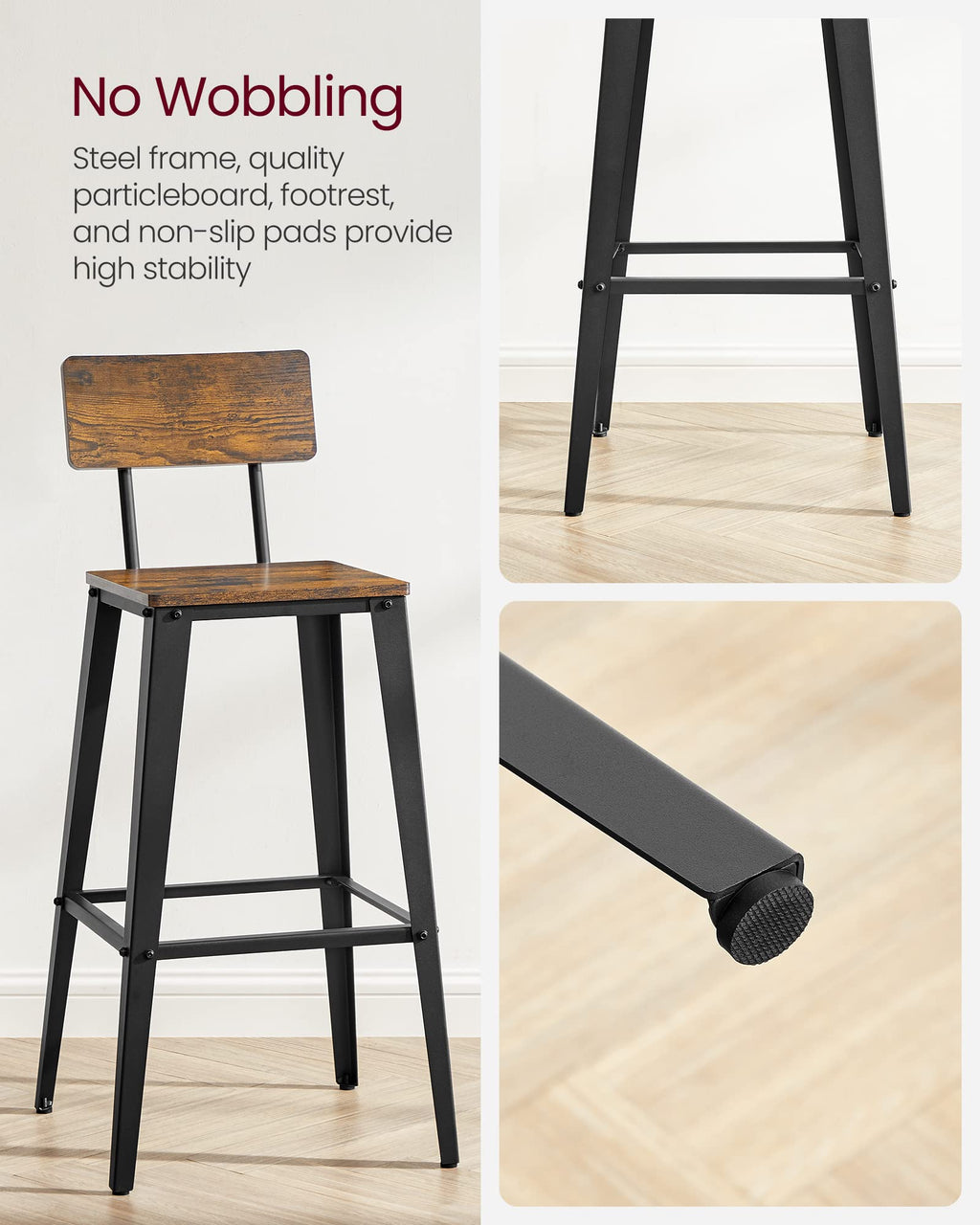 Vasagle Set Of 2 Bar Stools, Bar Height Stools, Tall Bar Stools With Back, Bar Chairs, Steel Frame, Industrial Style, Easy Assembly, Rustic Brown And Ink Black Ulbc078B01