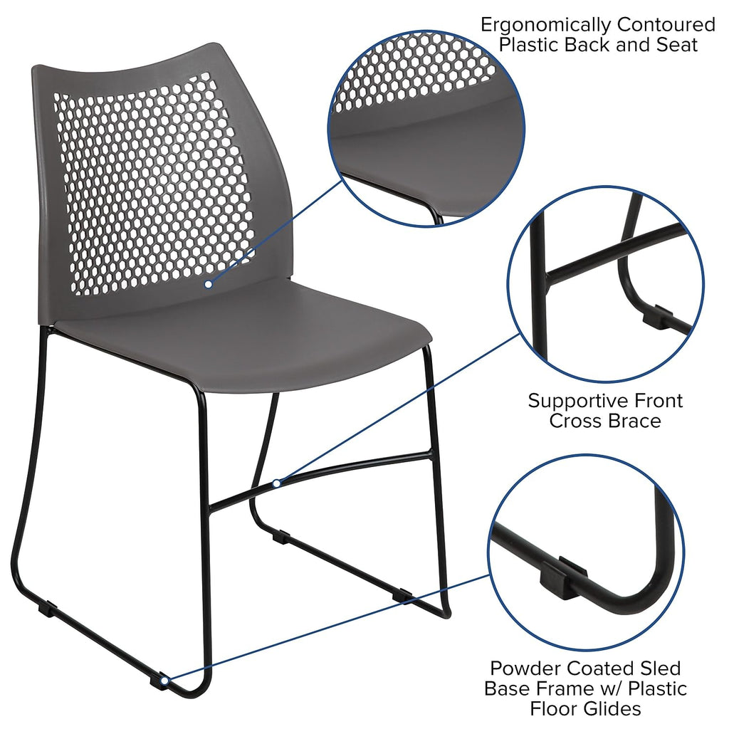 Flash Furniture Hercules Series 661 Lb. Capacity Gray Stack Chair With Air-Vent Back And Black Powder Coated Sled Base