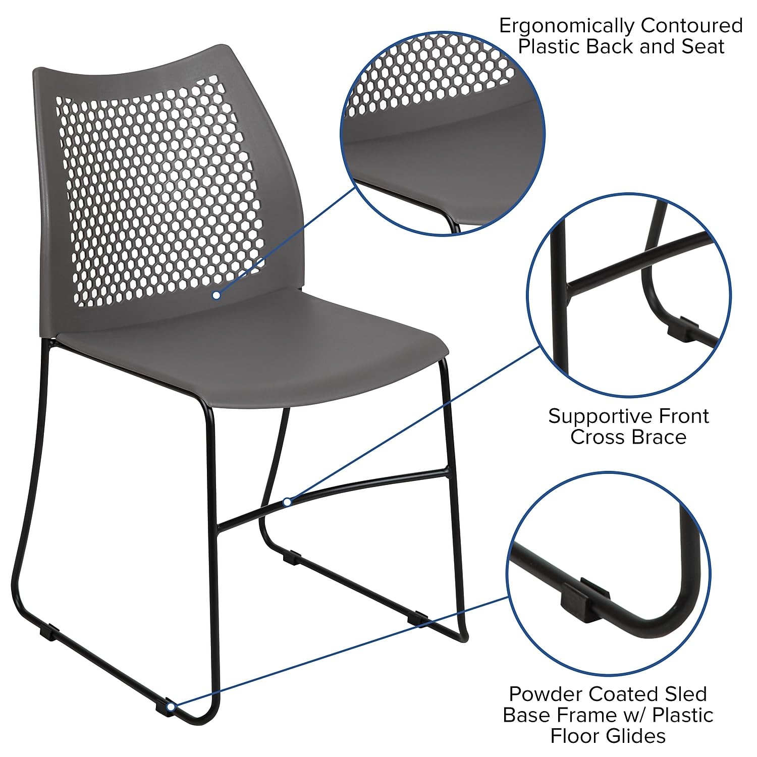 Flash Furniture Hercules Series 661 Lb. Capacity Gray Stack Chair With Air-Vent Back And Black Powder Coated Sled Base