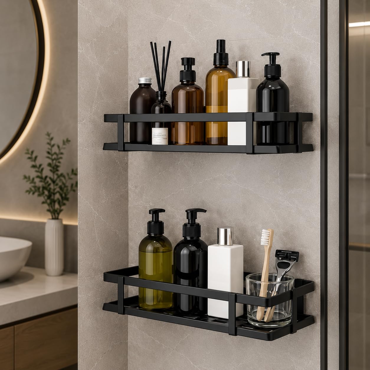 Gcare Bathroom Shelf Without Drill, Self Adhesive, Black, Pack Of 2