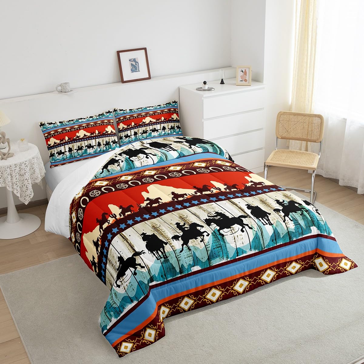 Feelyou Kids Queen Aztec Red Comforter Queen Size, Southwestern Cowboys Comforter Set For Boys Girls Horse Bedding Set Boho Trib
