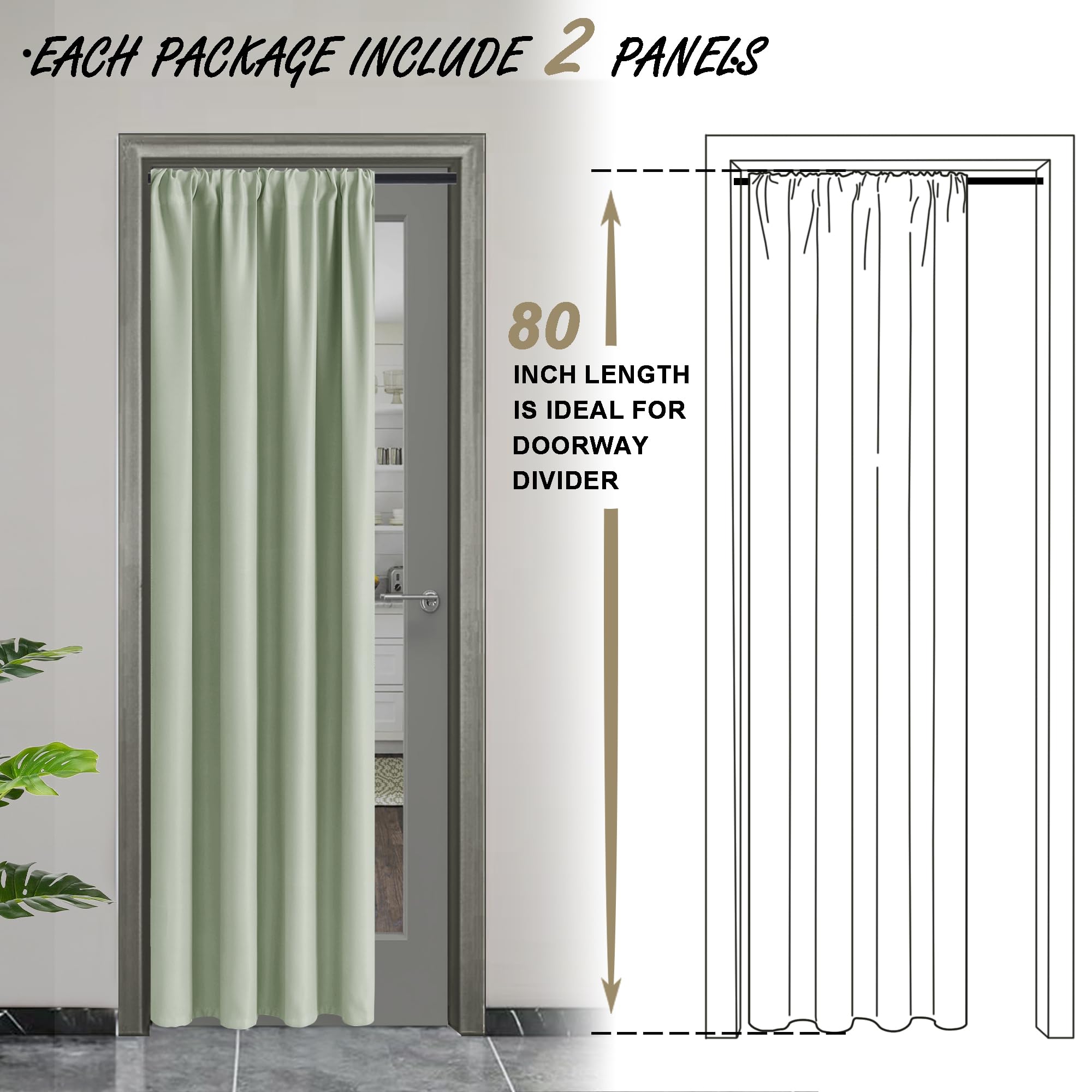 Jiuzhen Blackout Doorway Curtains 80 Inch Length - 2 Panels Thermal Insulated Privacy Soundproof Rod Pocket Closet Door Curtains Room Divider For Bedroom,Office, 42 X 80 Inches, Light Green