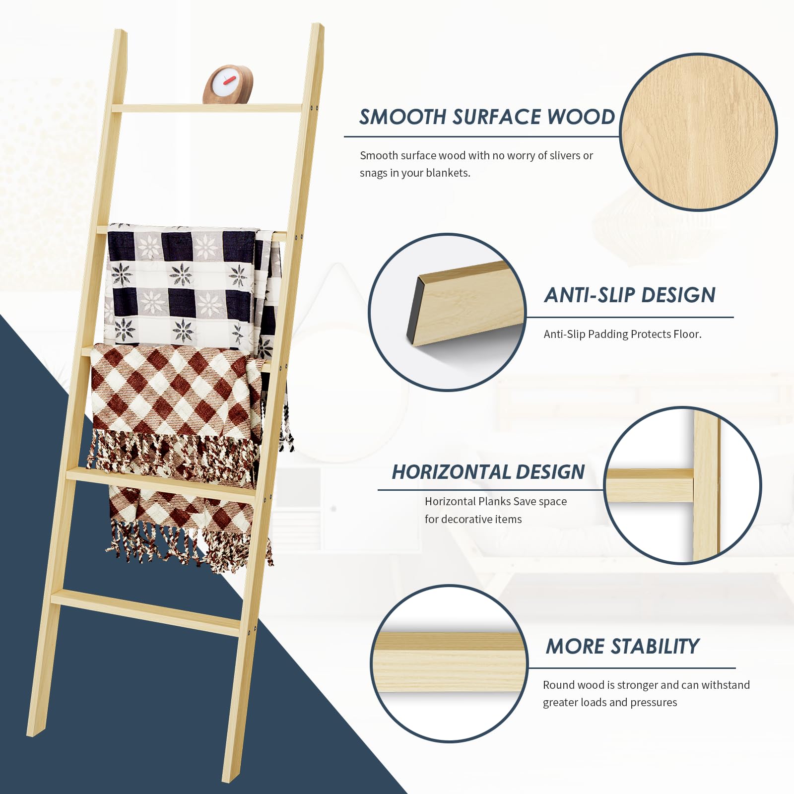 5-Tier Blanket Ladder Wooden, Non-Folding 4.8Ft(57.5'') Blanket Towel Holder Rack Decorative Ladder, Easy Assembly, Rustic Farmh