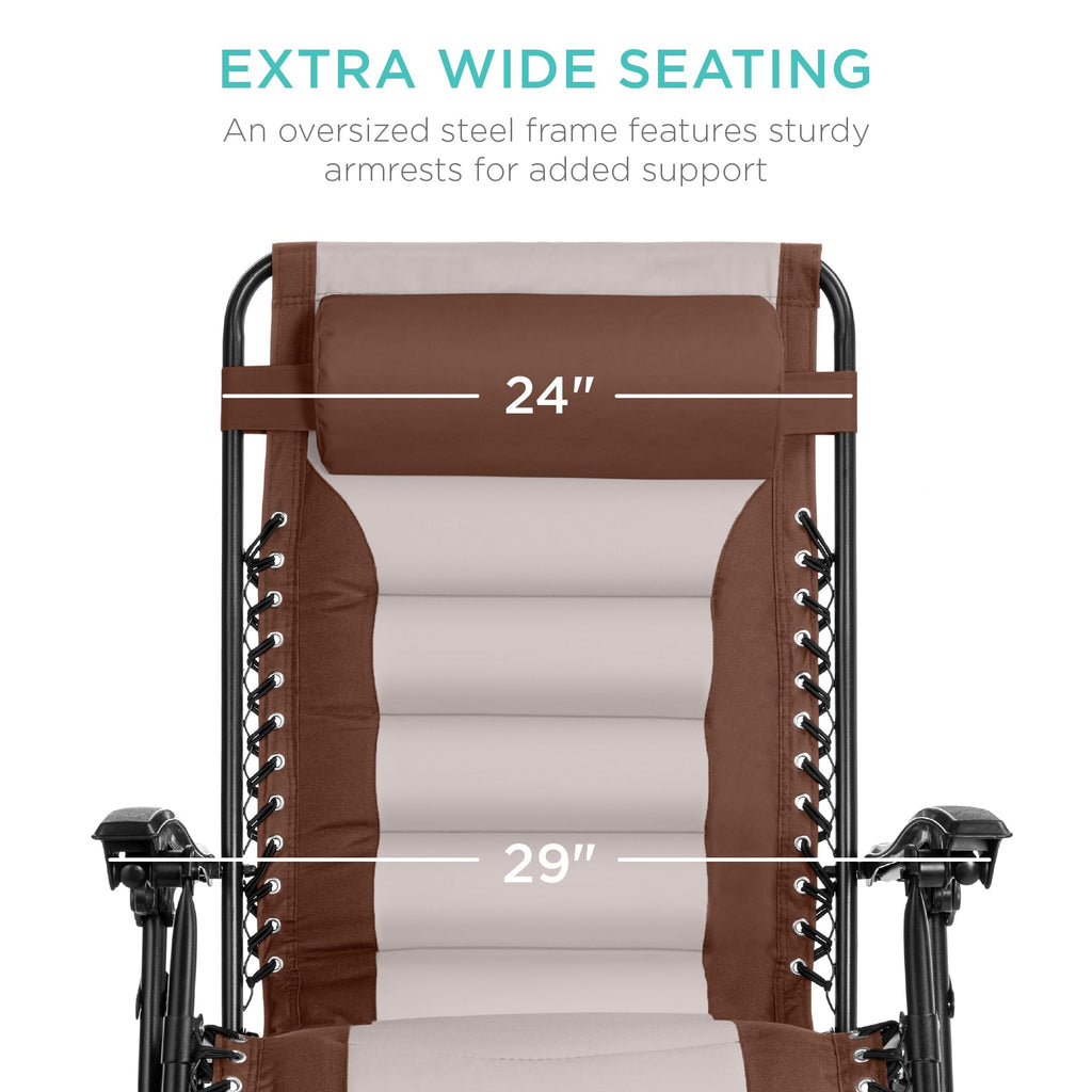 Best Choice Products Oversized Padded Zero Gravity Chair, Folding Outdoor Patio Recliner, Xl Anti Gravity Lounger For Backyard W/Headrest, Cup Holder, Side Tray, Polyester Mesh - Brown/Oyster