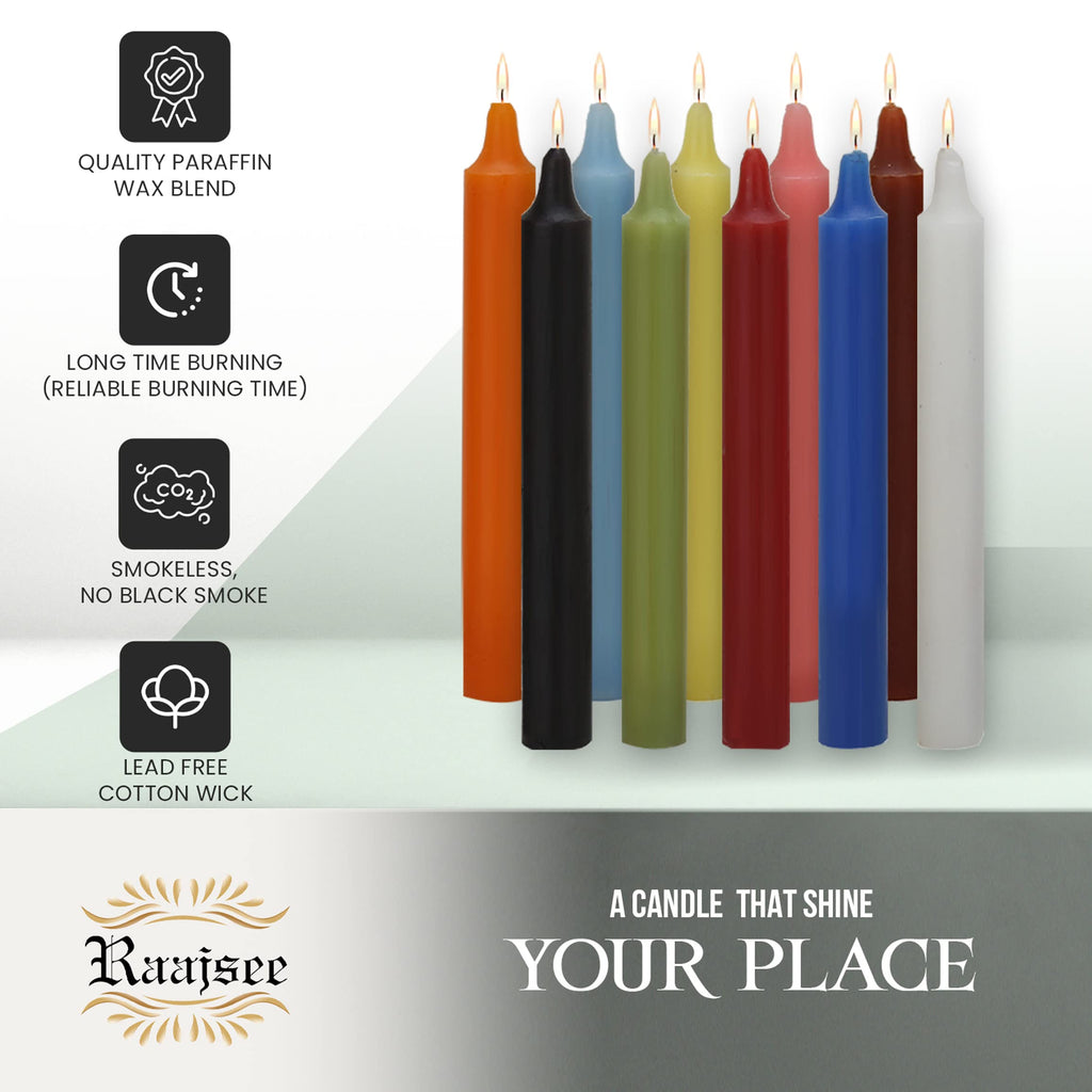 Raajsee Unscented Mini Taper Candles (Multi-Color) | 4 Inches Dinner Candle Sticks| Smokeless, And Dripless| Paraffin Wax With C