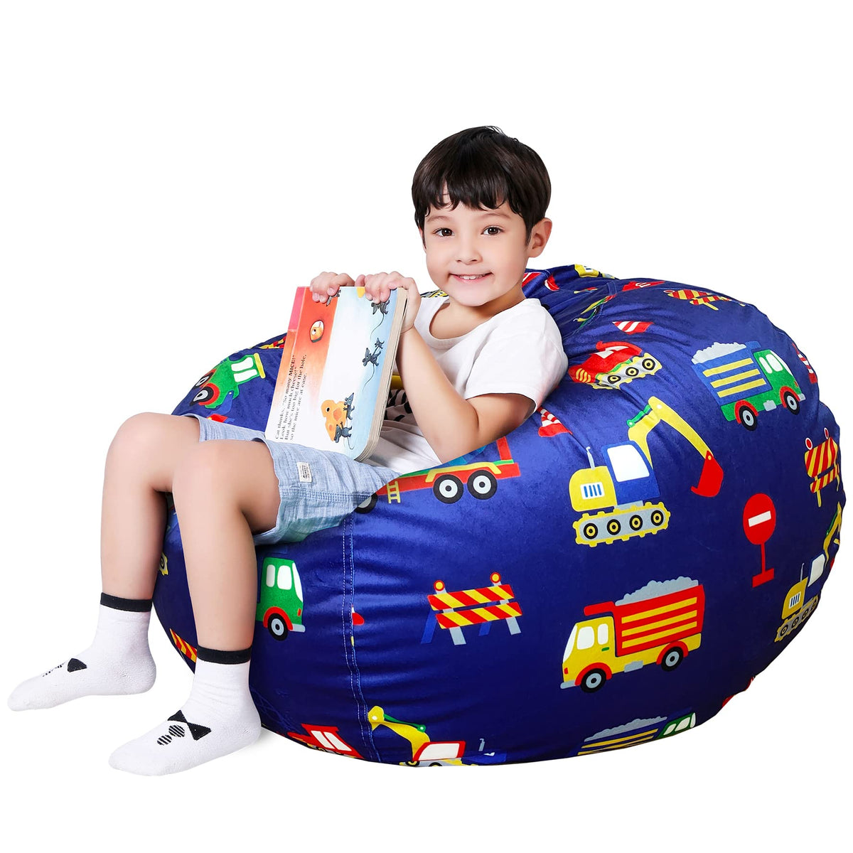 Lukeight Stuffed Animal Storage Bean Bag Chair Cover For Kids, Zipper Beanbag Chair Cover For Organizing Toddler And Kids' Rooms Plush Toys (Excavator Velvet, Xx-Large)