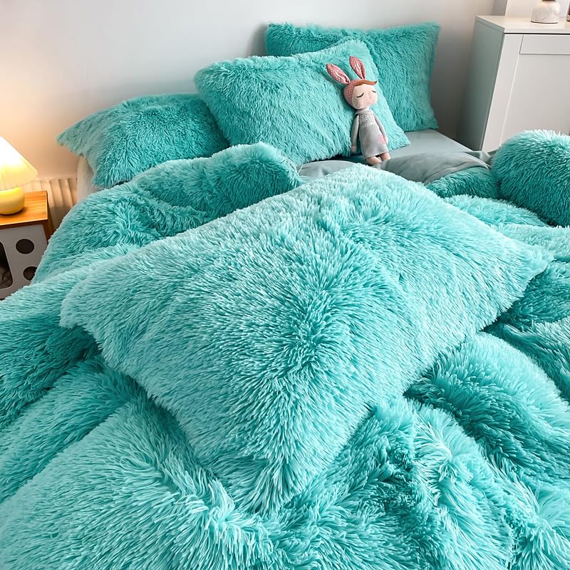Chovy Faux Fur Plush Sky Blue Comforter Sets King - Ultra Soft Shaggy Flannel Velvet Fluffy Fuzzy 3Pc Bedding Set (Comforter X 1