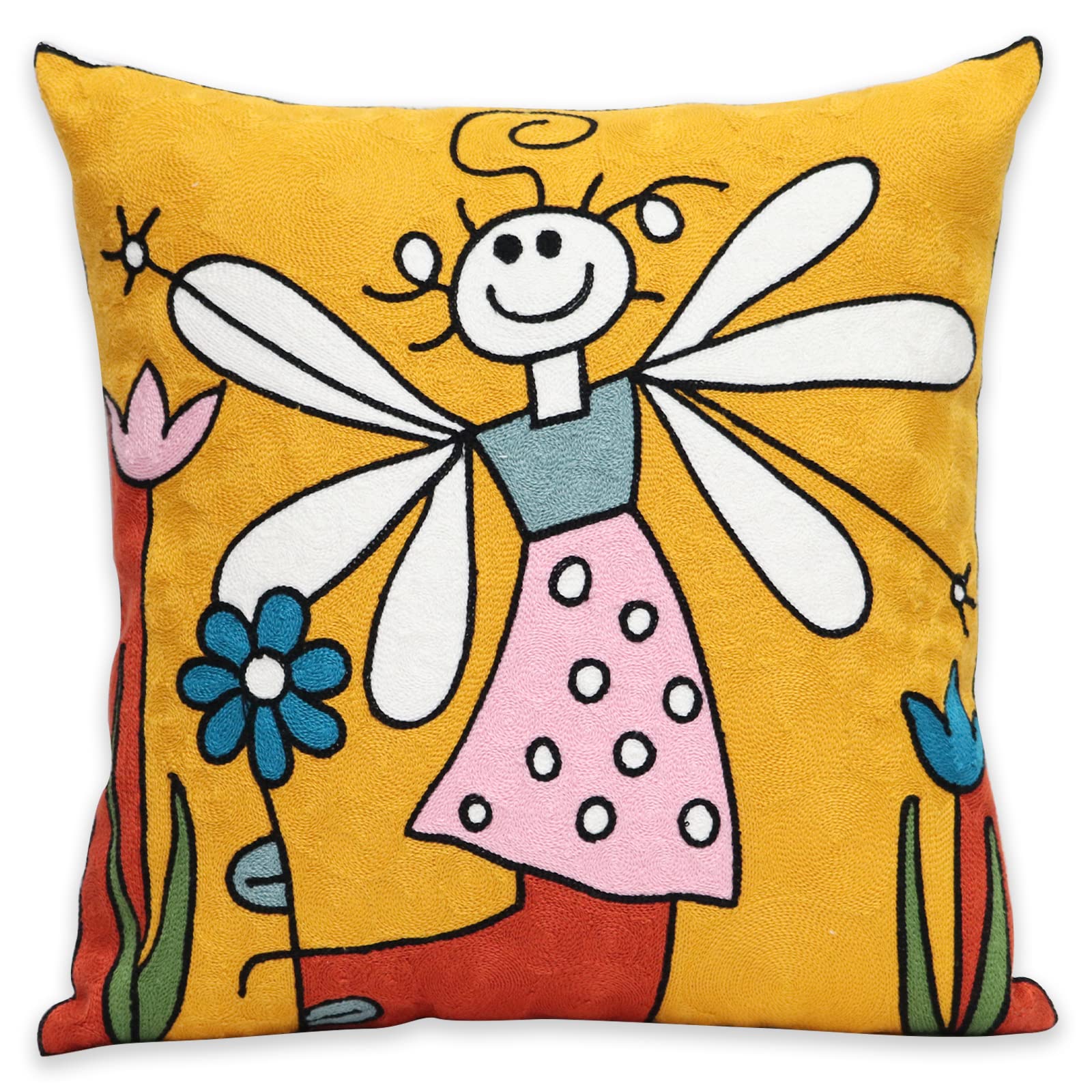 Unionkk 1 Pcs Embroidered Decorative Throw Pillows Covers For Sofa Decor Cushion Cases 18 X 18 Inch (Bee Girl)