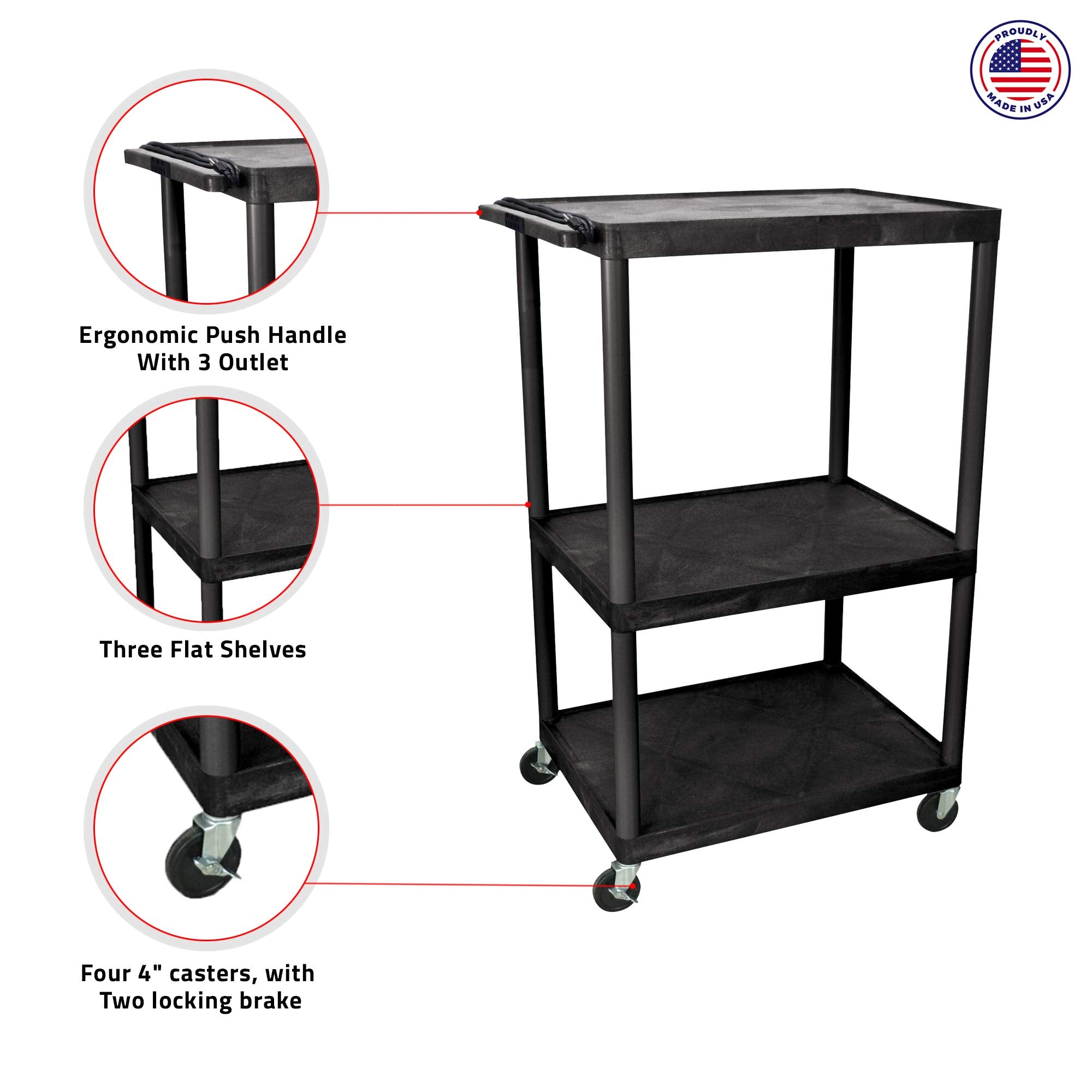 LUXOR LP54E-B 54&quot;H AV Cart - 3 Large Shelves Electric