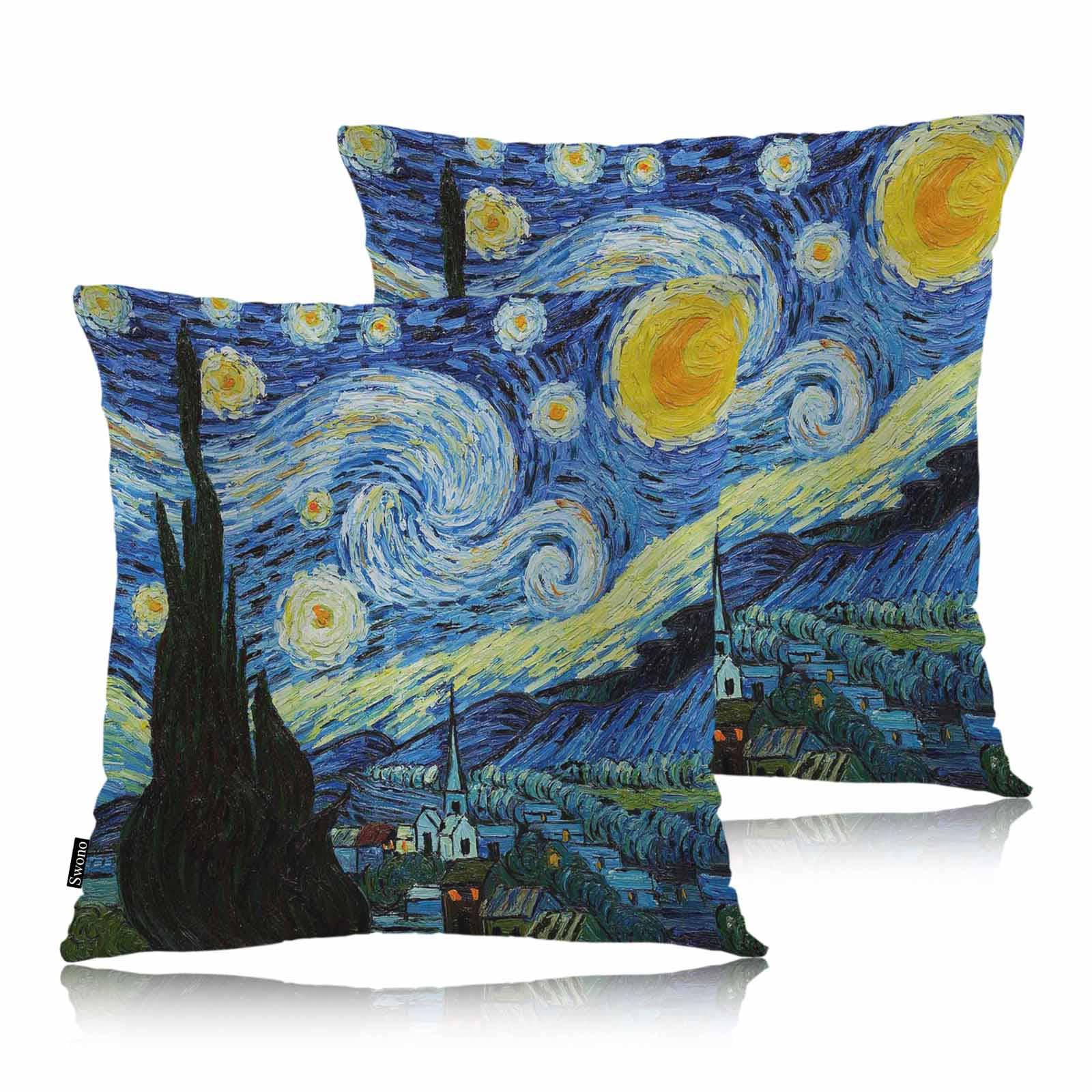 Swono Van Gogh Throw Pillow Covers, Abstract Starry Night Countryside Set Of 2 Cushion Case Pillow Cover For Bed Sofa Couch, Hal