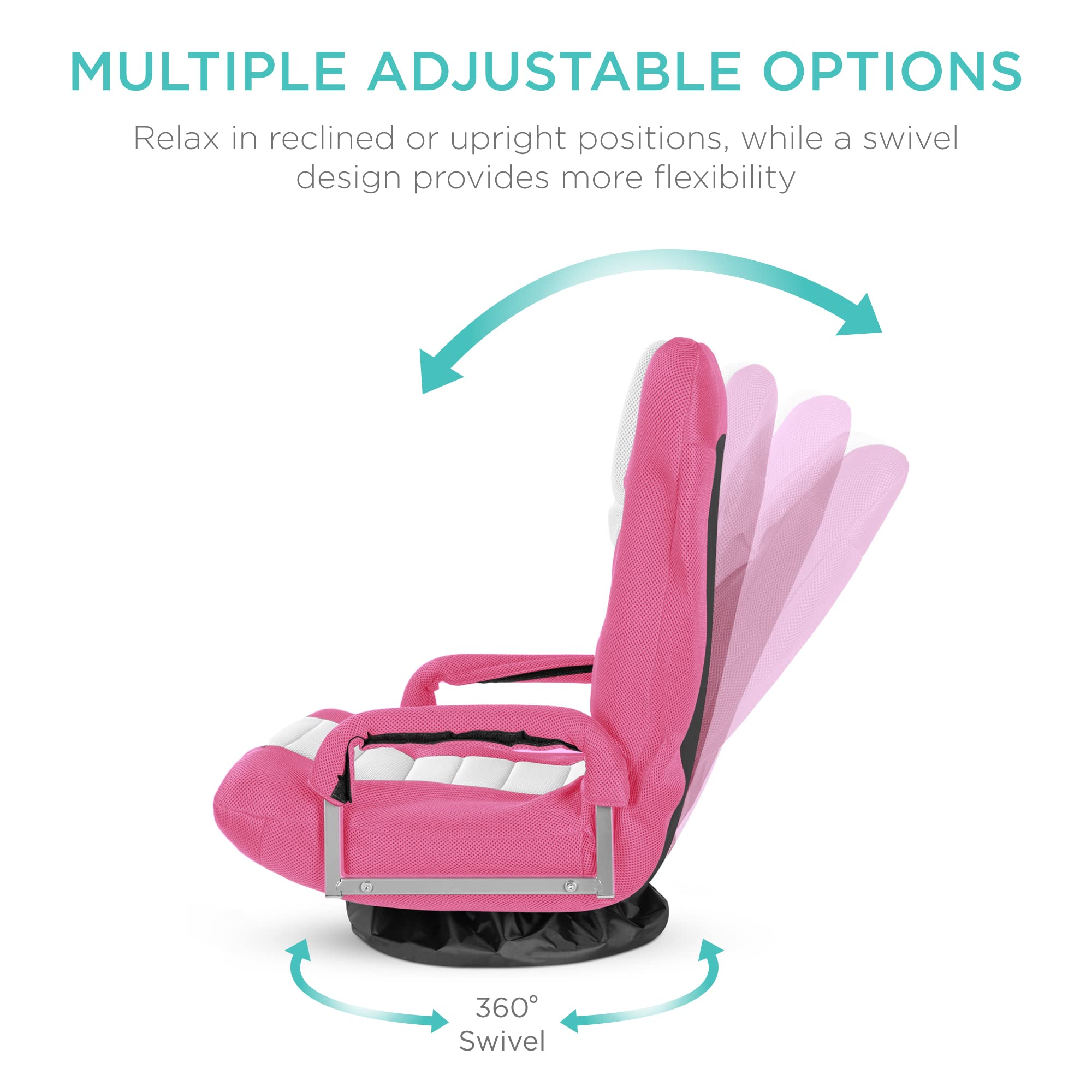 Best Choice Products Swivel Gaming Chair 360 Degree Multipurpose Floor Chair Rocker For Tv, Reading, Playing Video Games W/Lumbar Support, Armrest Handles, Adjustable Foldable Backrest - Pink/White