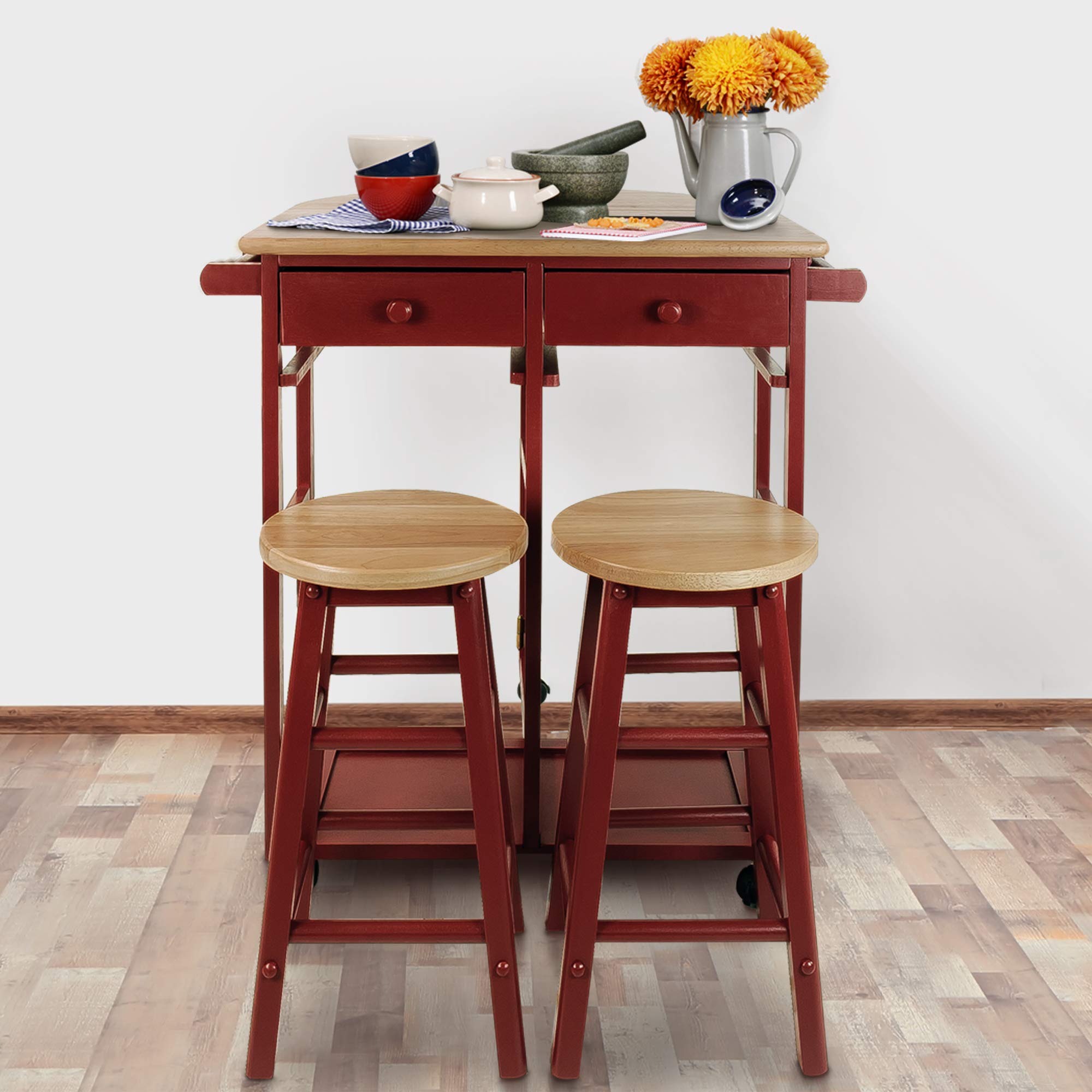 Casual Home Drop Leaf Breakfast Cart With 2 Stools-Red