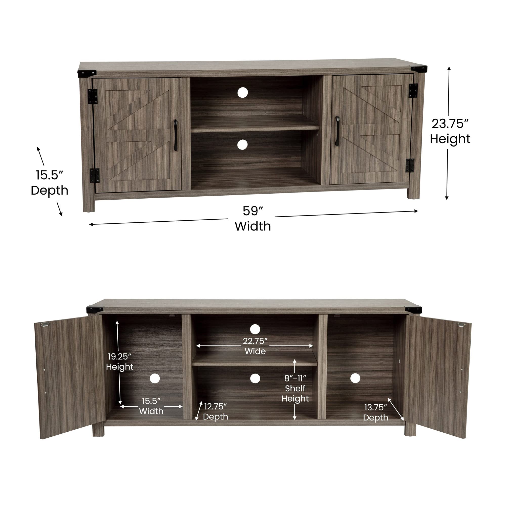 Flash Furniture Modern Farmhouse Barn Door TV Stand - Gray Wash Oak 59 Inch Entertainment Center - For TV's up to 65 Inches - Adjustable Middle Shelf