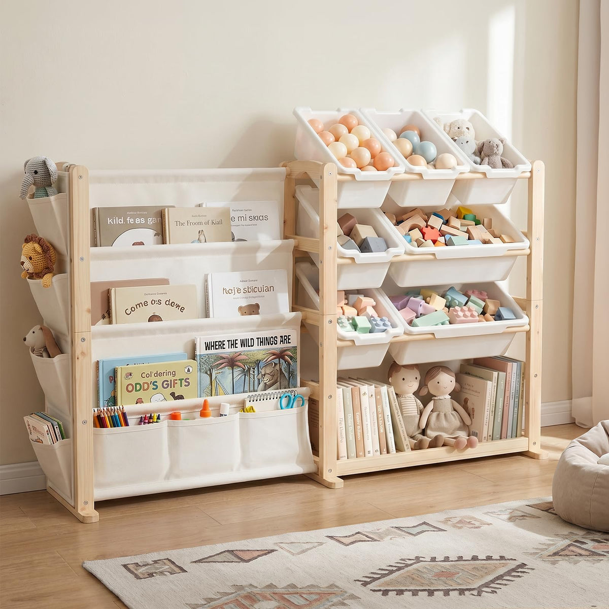 Fodoss Book Shelf for Kids Rooms  Toy Storage Organizer with Bookshelf, Solid Wood Kids Bookshelf with 7 Bins, Side Storage Poc