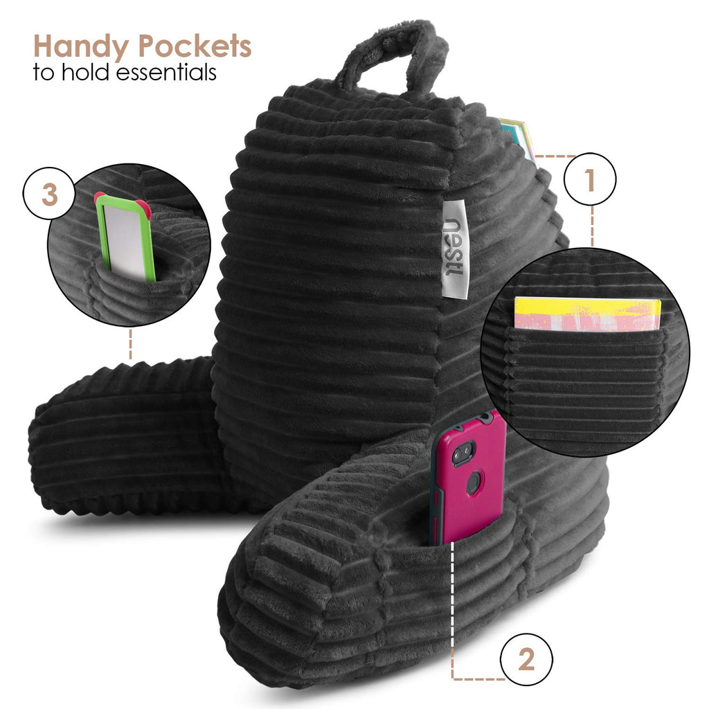 Nestl Cut Plush Striped Reading Pillow For Kids & Teens, Small Back Pillow, Back Support Pillow, Shredded Memory Foam Bed Rest Pillow With Arms, Dark Gray