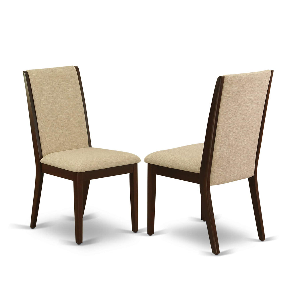 East West Furniture Esla3-Mah-04 3 Piece Kitchen Table & Chairs Set Contains A Round Dining Room Table With Pedestal And 2 Light Tan Linen Fabric Parsons Chairs, 30X30 Inch, Mahogany
