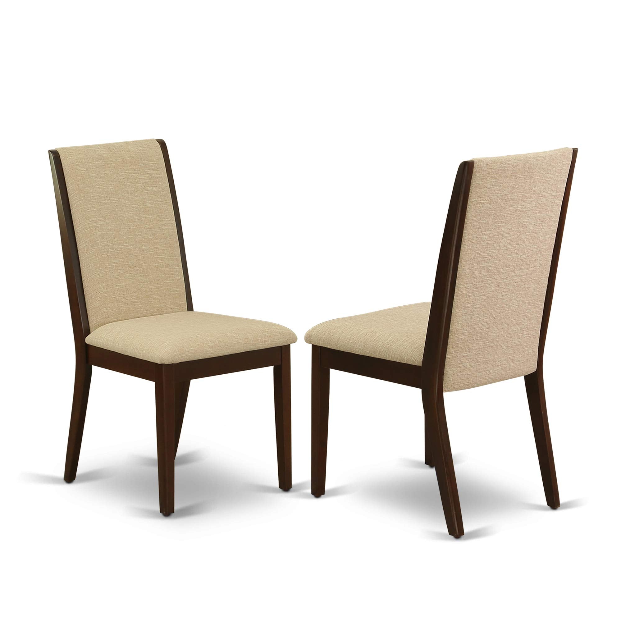 East West Furniture Esla3-Mah-04 3 Piece Kitchen Table & Chairs Set Contains A Round Dining Room Table With Pedestal And 2 Light Tan Linen Fabric Parsons Chairs, 30X30 Inch, Mahogany