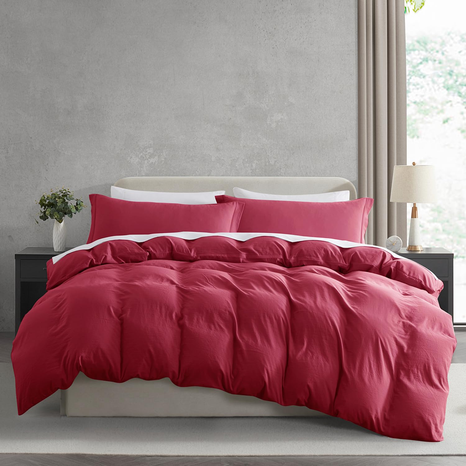 Nestl Burgundy Red Duvet Cover Queen Size - Soft Prewashed Queen Duvet Cover Set, 3 Piece, With Zipper Closure, 1 Duvet Cover 90X90 Inches And 2 Pillow Shams - No Comforter