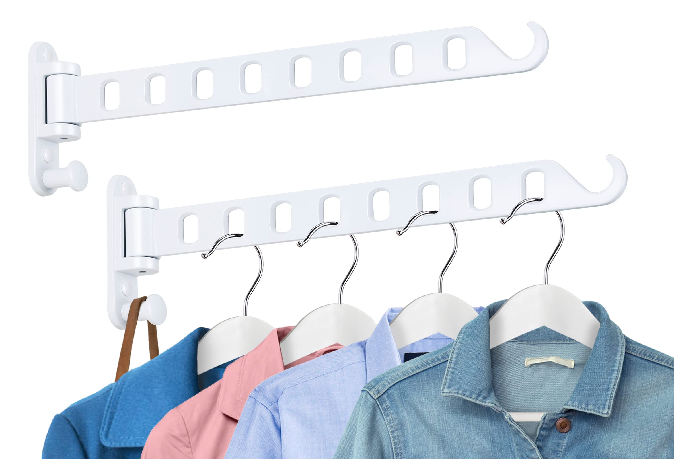 SKIKEN White Laundry Clothes Hanger Rack with 8 Holes, Wall Mount Laundry Room Hanger Swing Arm, 180Rotation, Folding Wall Hange