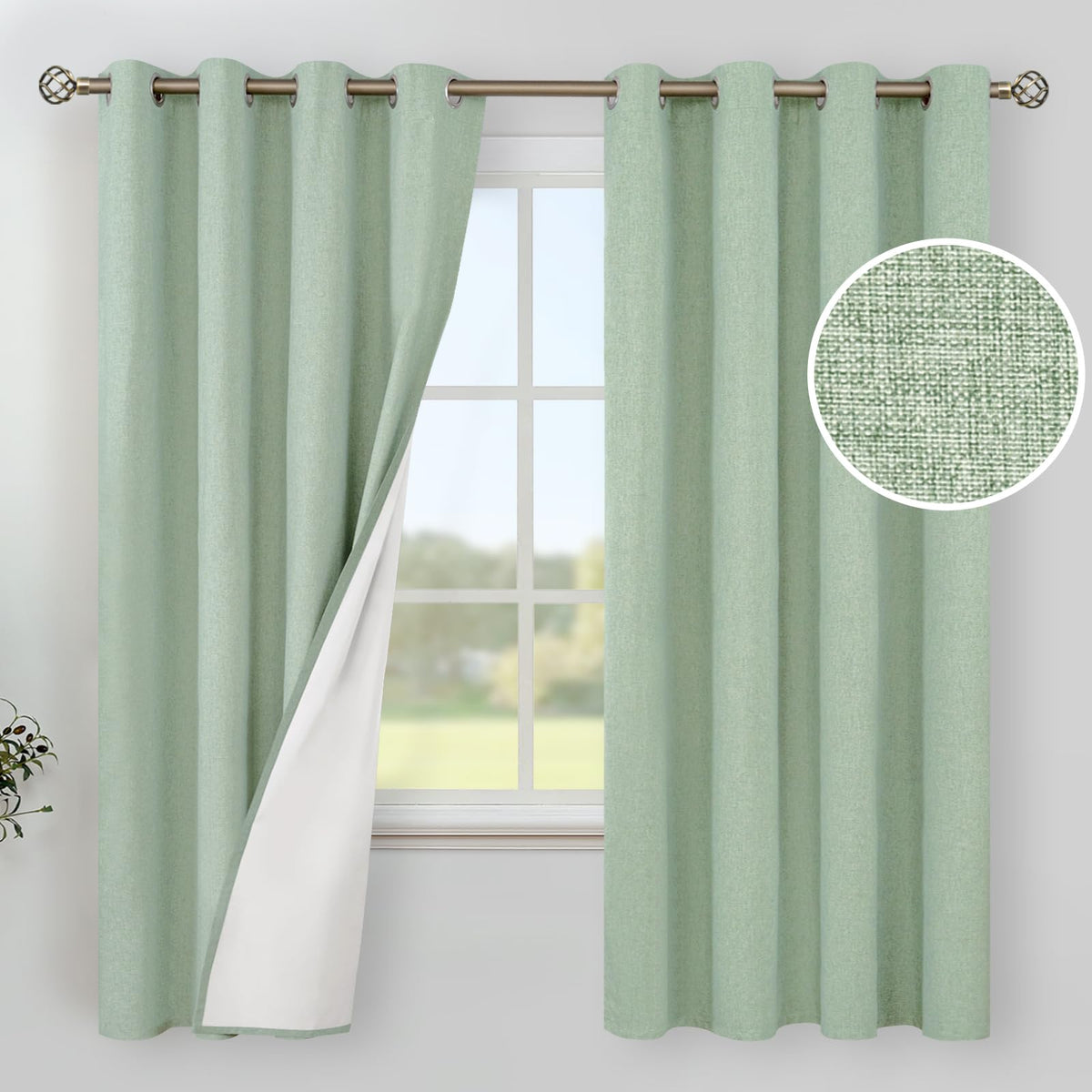 YoungsTex Linen 100% Blackout Curtains for Bedroom, Light Green Linen Textured Full Room Darkening Window Drapes Thermal Insulat