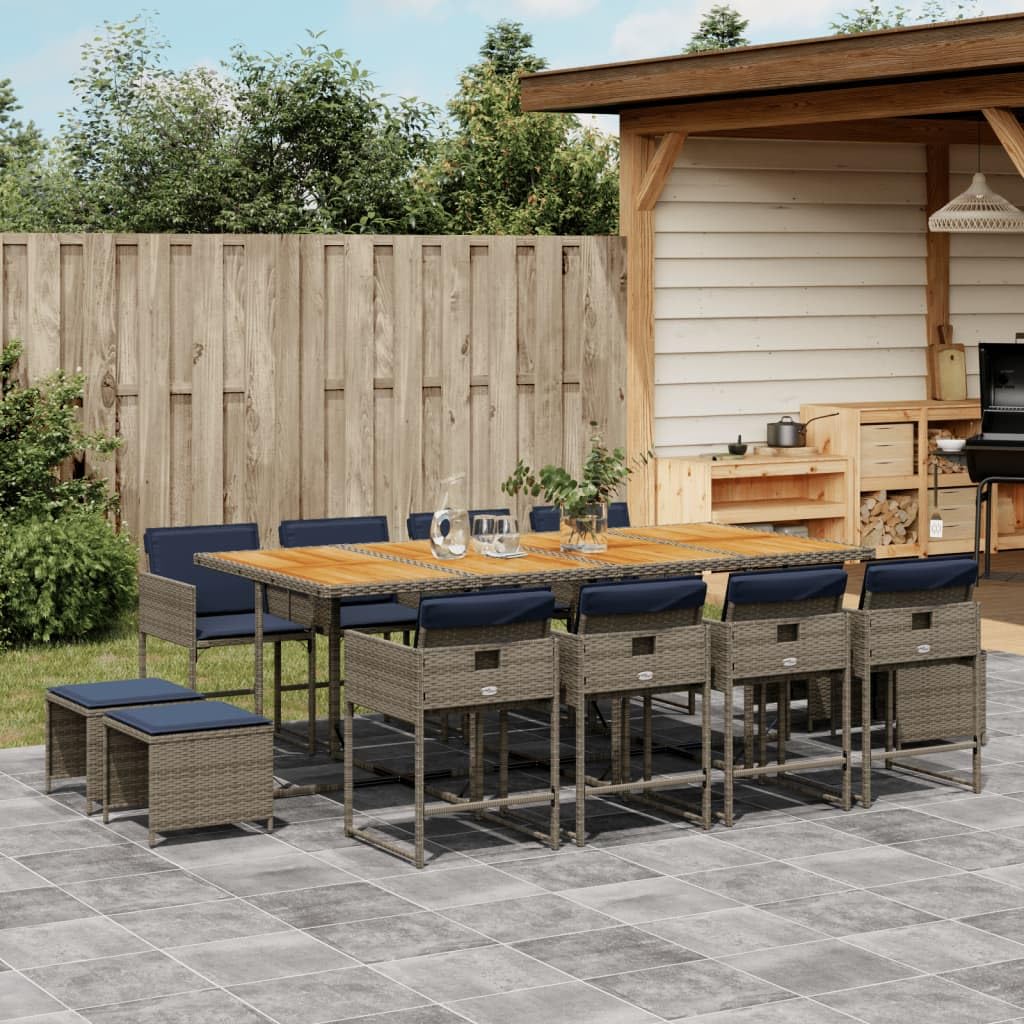 vidaXL Outdoor Patio Dining Set with Cushions - 13 Piece Garden Furniture - Gray Poly Rattan with Acacia Wood Table - Space Saving