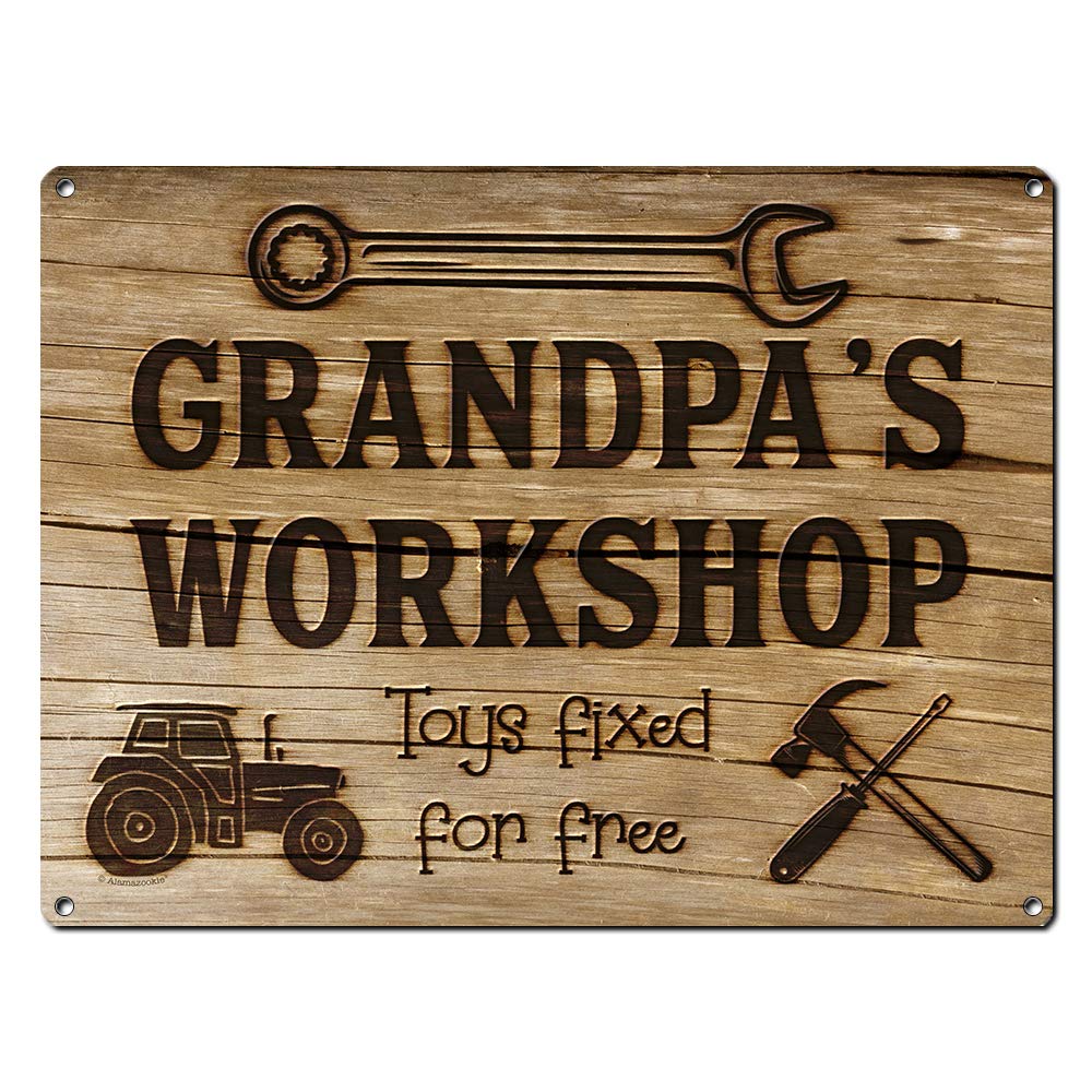 Grandpas Workshop Toys Fixed for Free, 8.5 x 11.5 Inch Aluminum Sign, Vintage Workshop and Garage Signs Wall Decor, Gifts for Pa