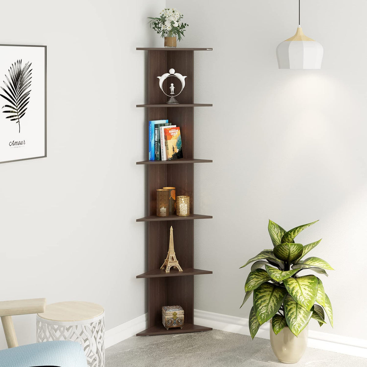 BLUEWUD Cadlic Engineered Wood Wall Decor MultiTier Corner Shelf Display Rack Decorative Hall Dcor for Living Room Home Furnitu