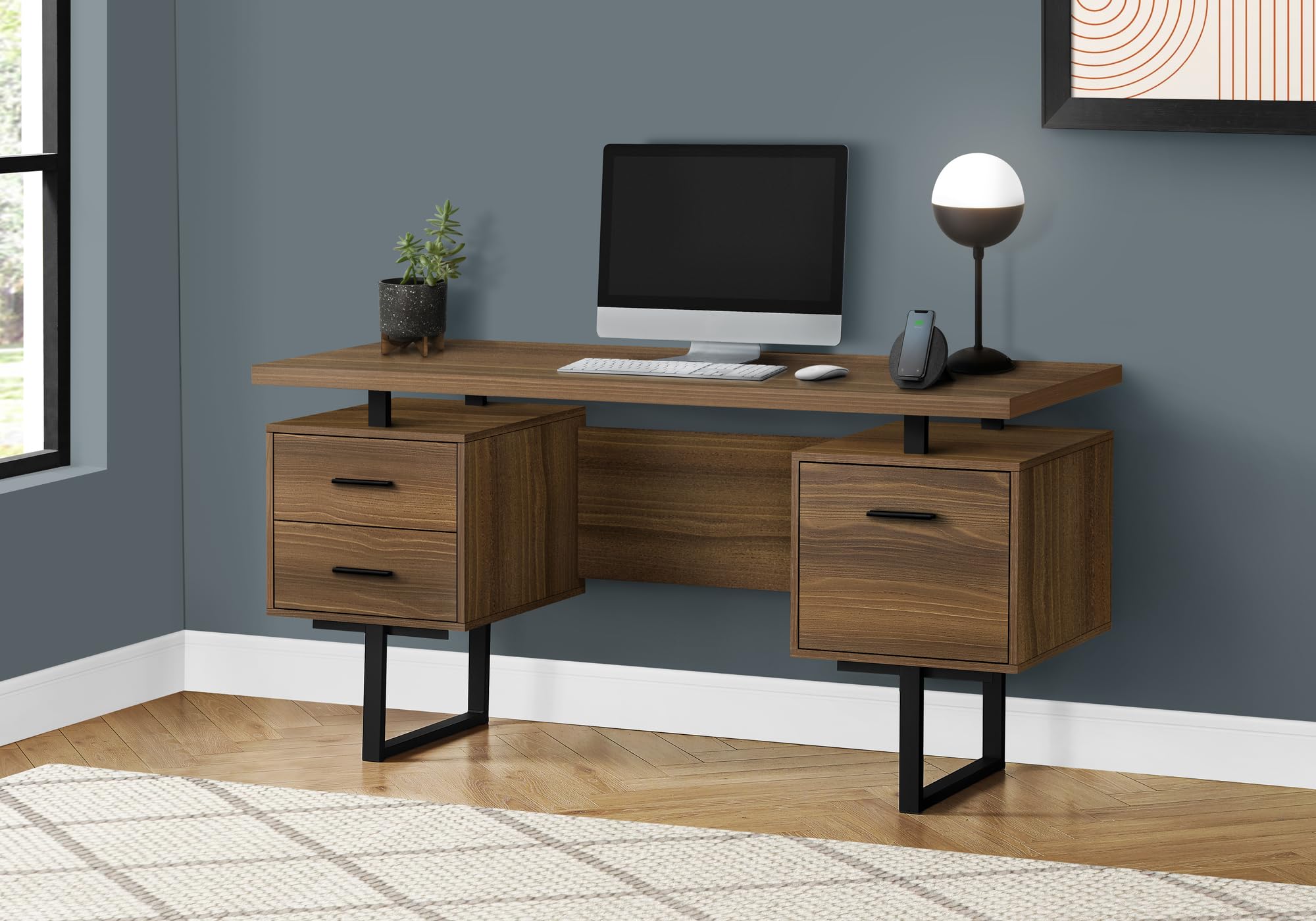 Monarch Specialties I 7625 Computer Desk, Home Office, Laptop, Left, Right Set-up, Storage Drawers, 60' L, Work, Metal, Laminate, Walnut, Black, Contemporary