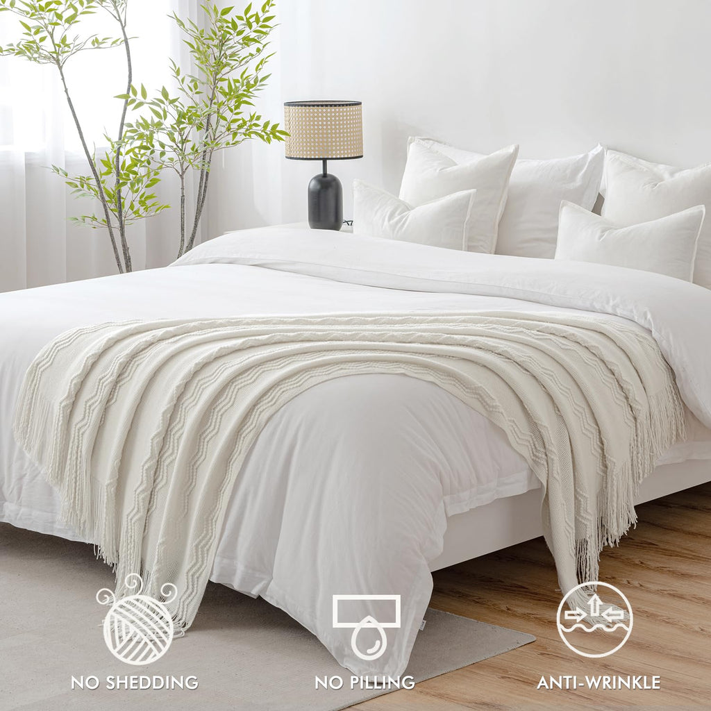 Miulee Off White Knitted Throw Blanket For Couch Textured Knit Blanket With Tassels Cozy Woven Boho Bed Blanket For Sofa Bed Chair Acrylic Wave Pattern 50'X60'