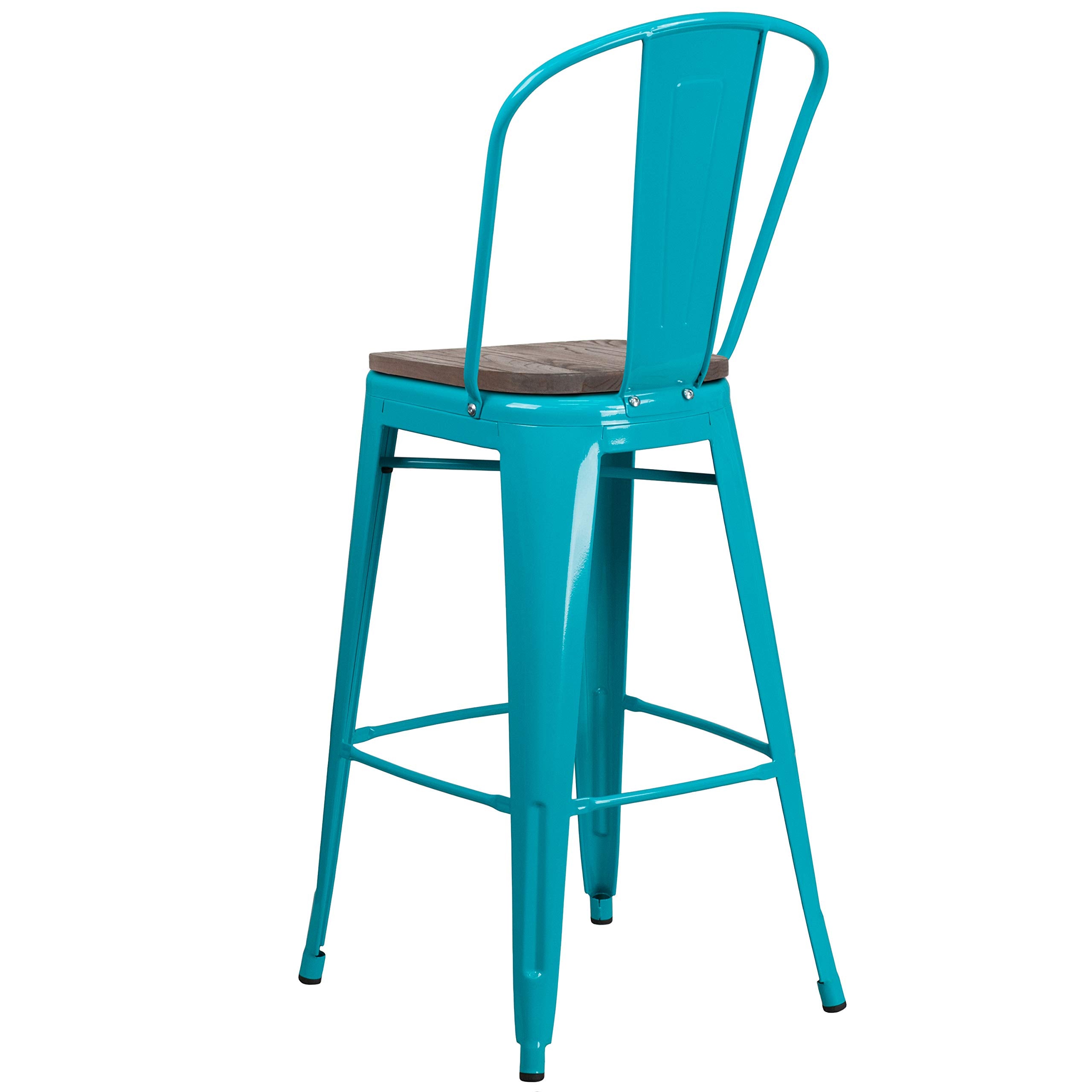 Flash Furniture 30' High Crystal Teal-Blue Metal Barstool With Back And Wood Seat