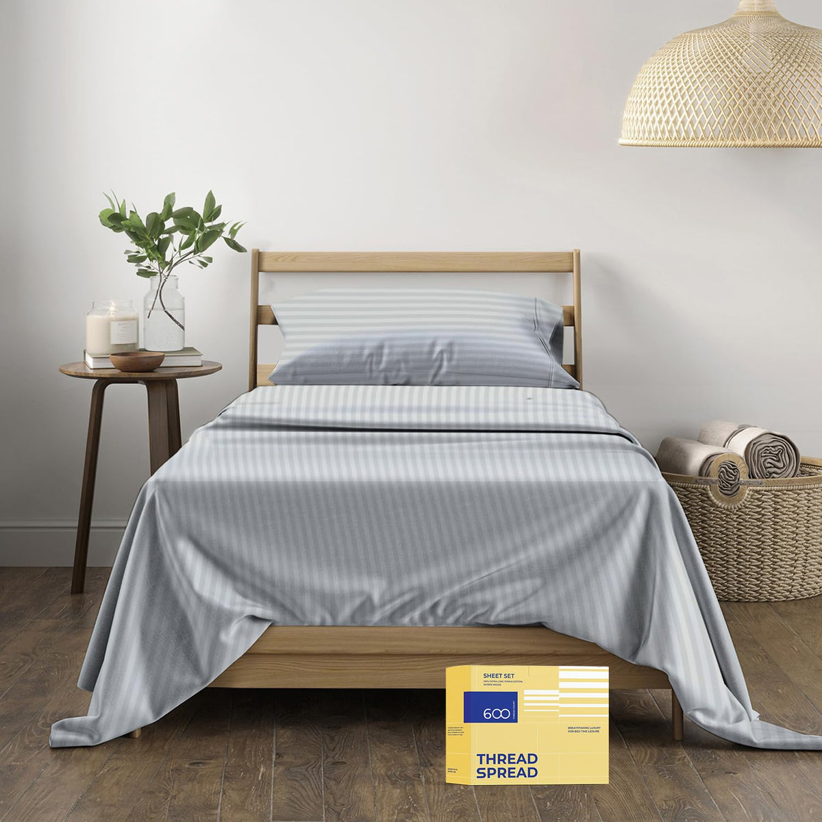 Thread Spread Luxury Egyptian Cotton Twin Stripe Sheet Set - 600 Thread Count Extra Long Staple 3 Pc Set, Twin Damask Sheets, So
